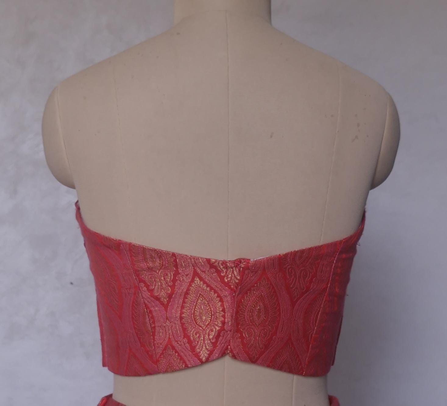 Brocade Silk Indian Corset Blouse, Pink Red Strapless DVCB_014