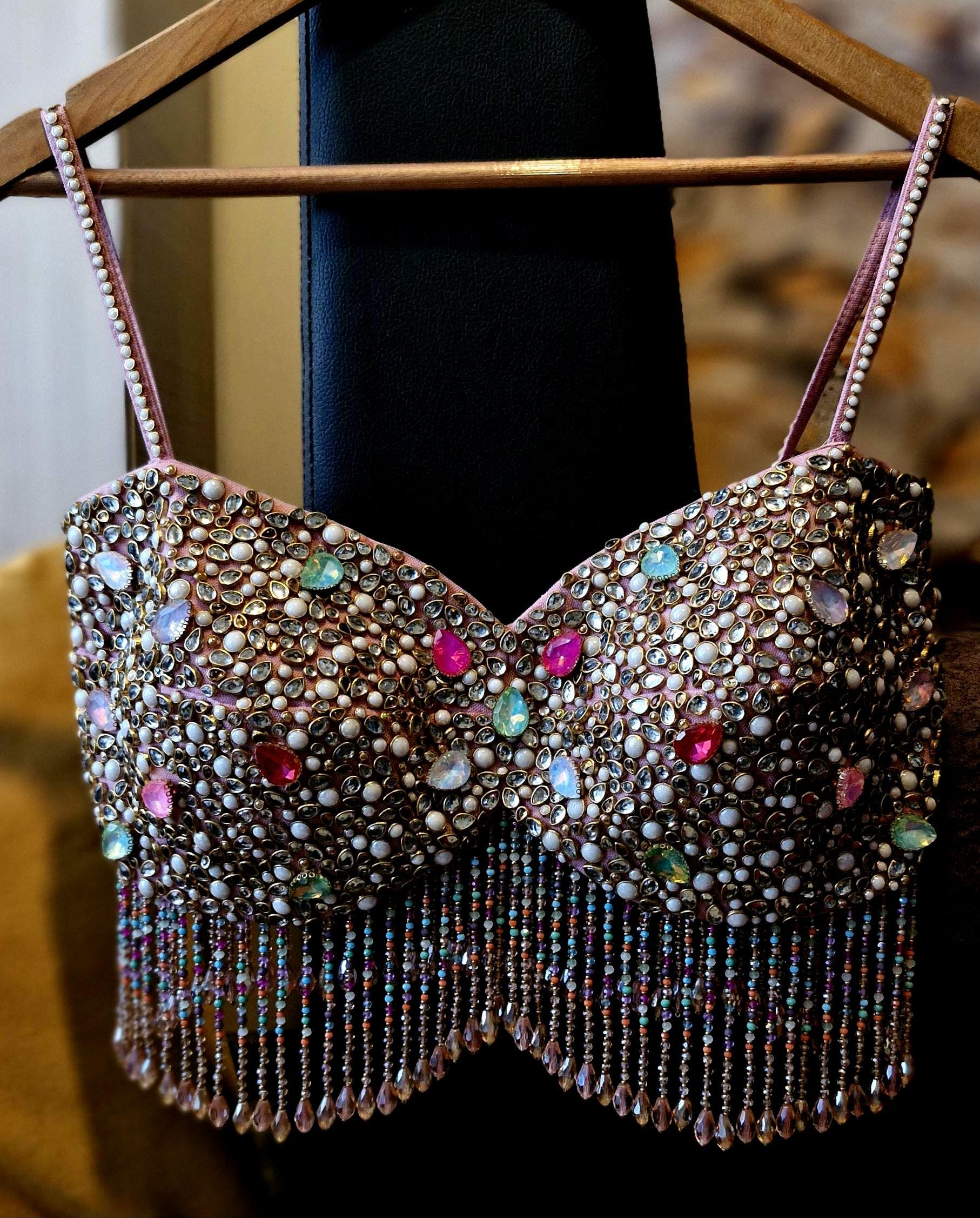 Hand Embroidered Dusty Pink Blouse, Beads & Kundan Embellishment, Bralette DVBL_481