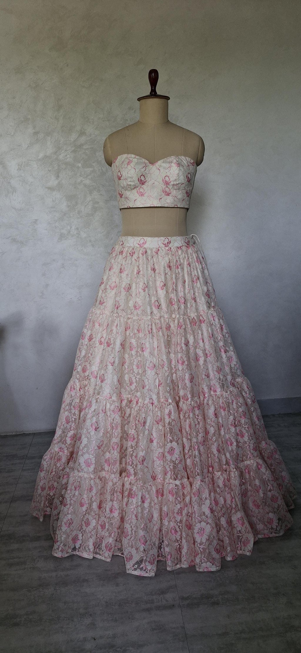Offwhite Pink Lace Net Tiered Lehenga Skirt and Top DVMTD_0292