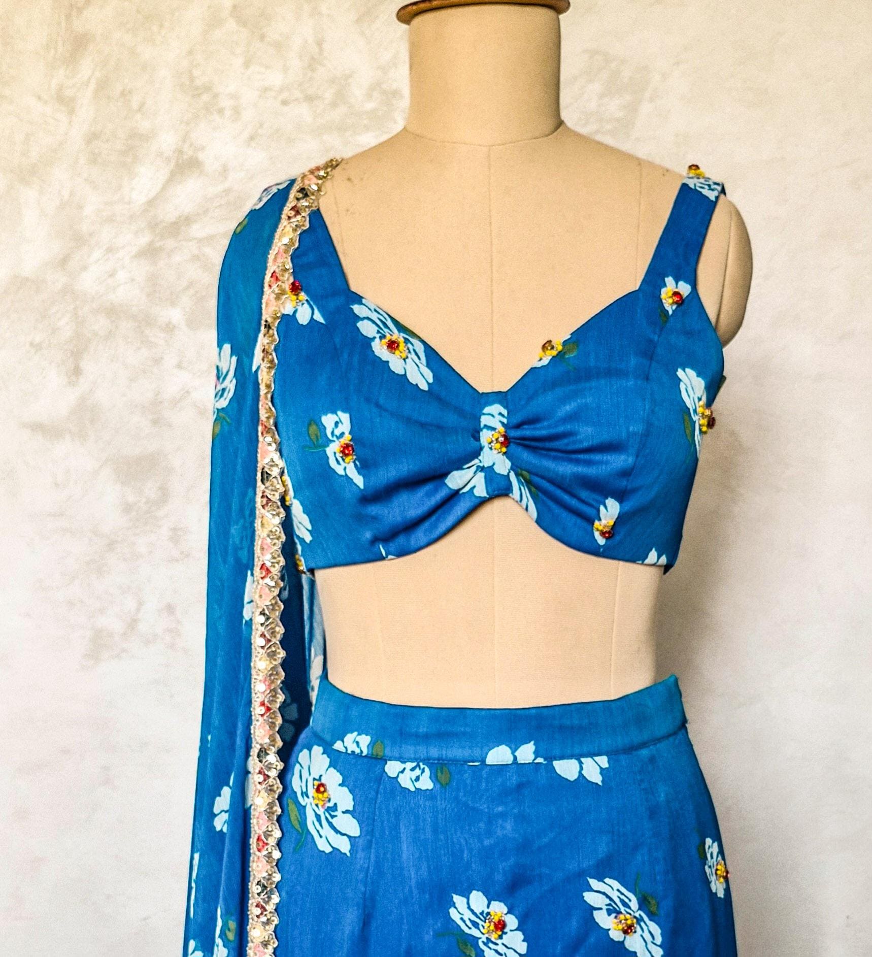 Blue Floral Print Chiffon Lehenga, Mermaid Layered Skirt, Beach Wedding DVMTD_0293