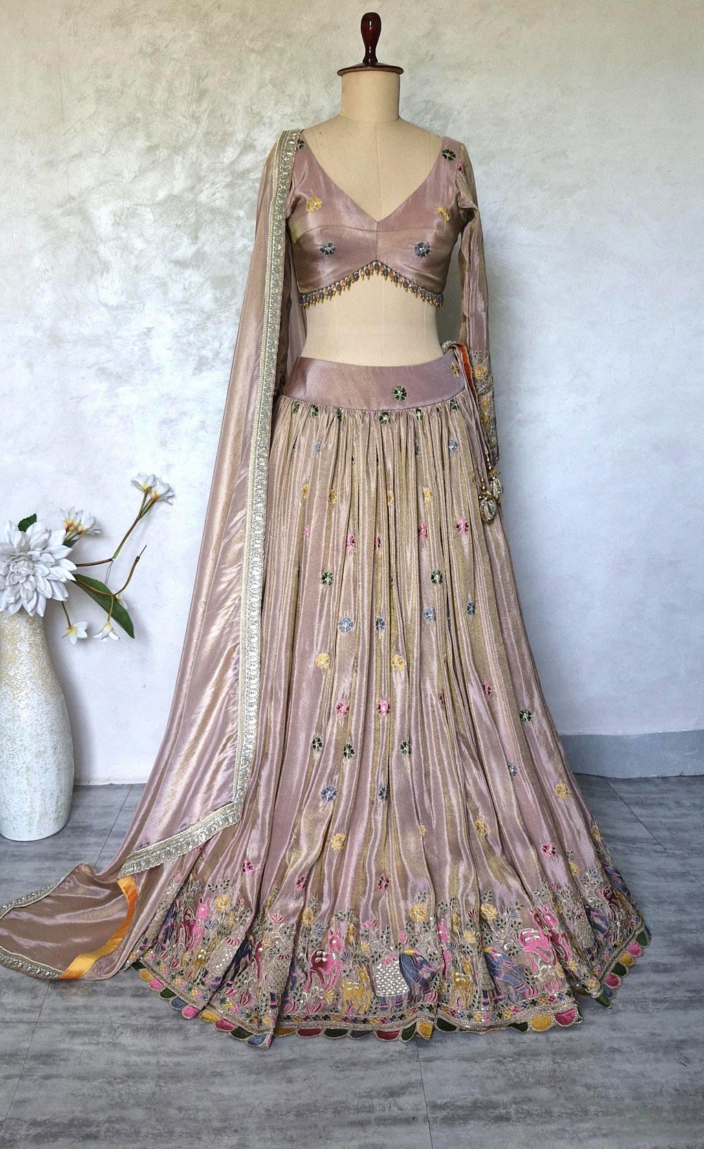 Dusty Pink Tissue Silk Lehenga Choli for Mehendi, Sangeet DVMTD_0290