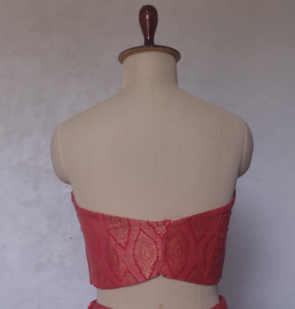 Red Pink Brocade Lehenga, Mermaid Skirt Corset Set, Cocktail Dress DVMTD_0288