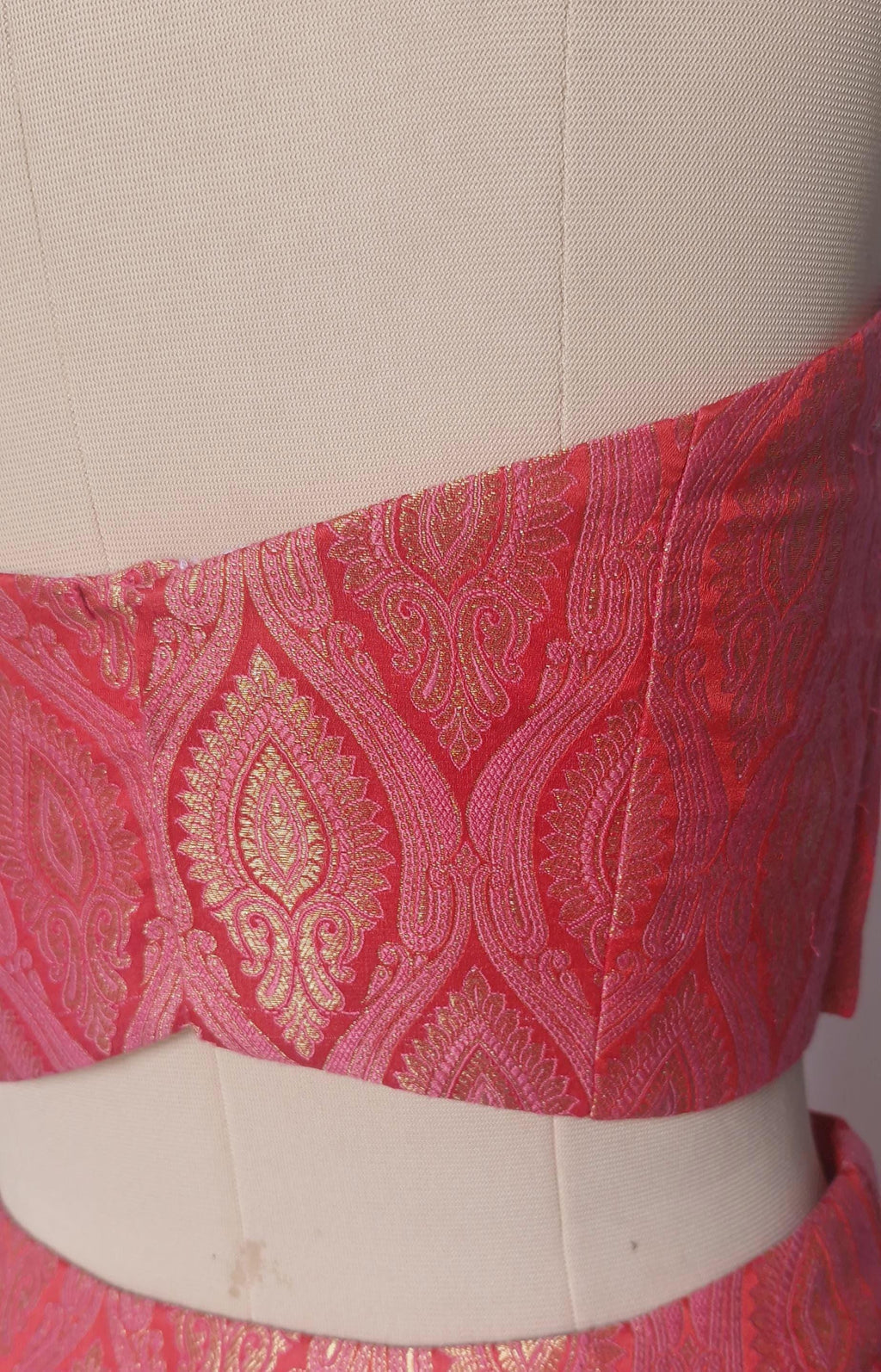 Brocade Silk Indian Corset Blouse, Pink Red Strapless DVCB_014