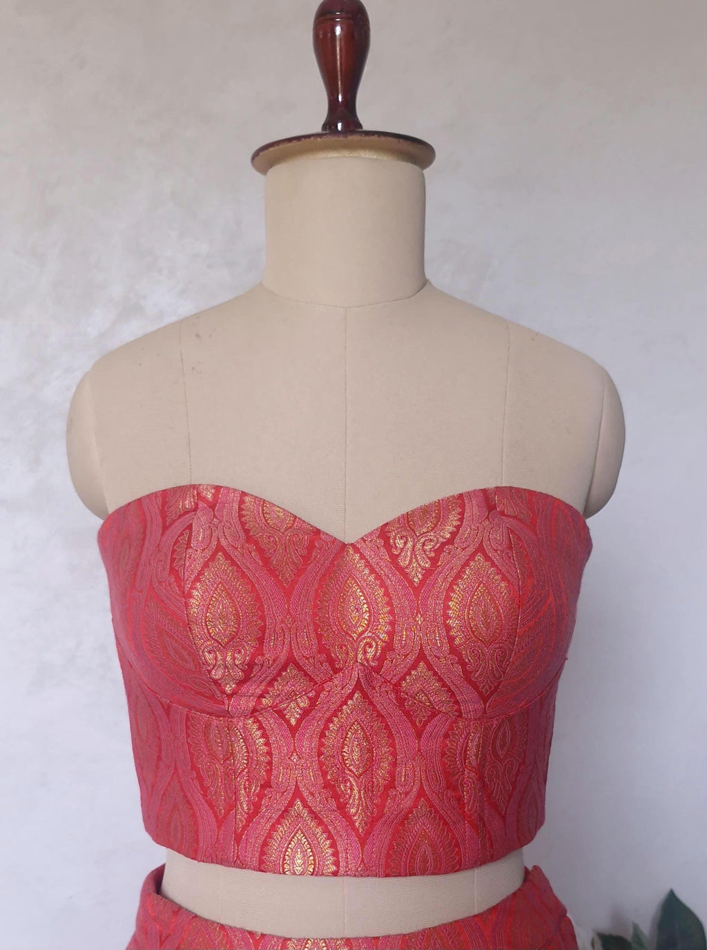 Red Pink Brocade Lehenga, Mermaid Skirt Corset Set, Cocktail Dress DVMTD_0288
