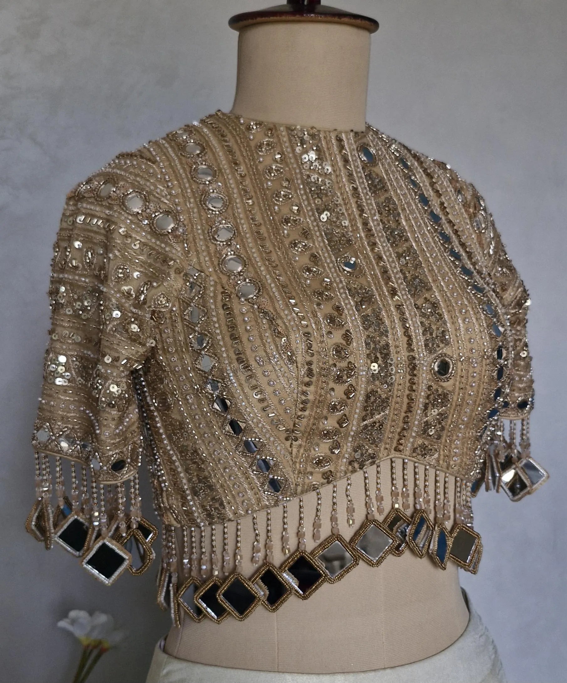Dark Beige Gold Saree Blouse, Embroidered, Sleeves, Mirror Fringes DVBL_480