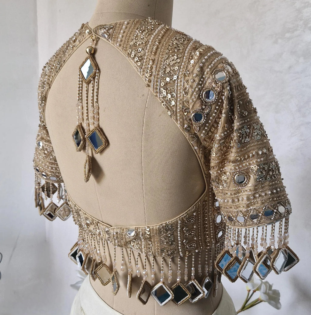 Dark Beige Gold Saree Blouse, Embroidered, Sleeves, Mirror Fringes DVBL_480
