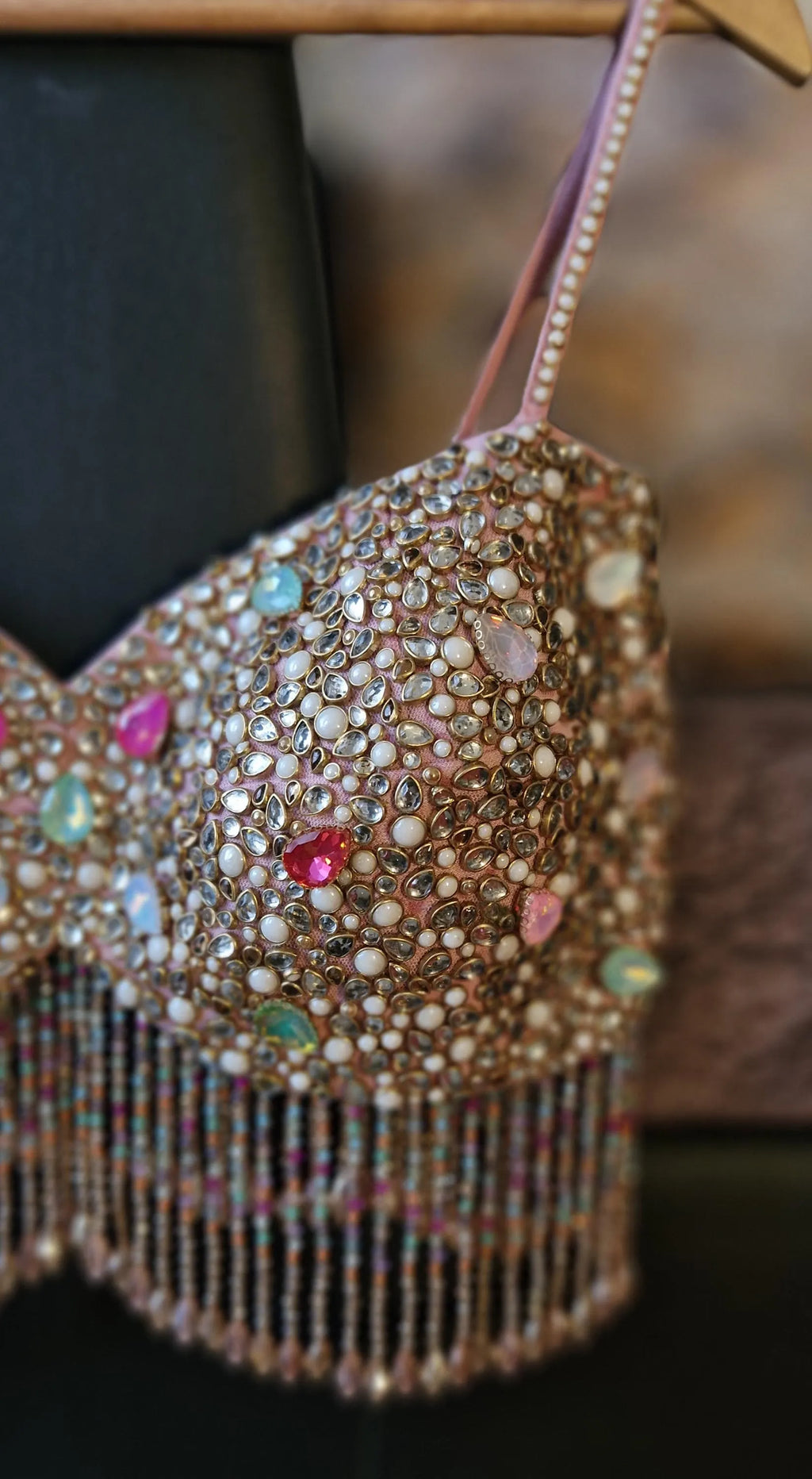 Hand Embroidered Dusty Pink Blouse, Beads & Kundan Embellishment, Bralette DVBL_481