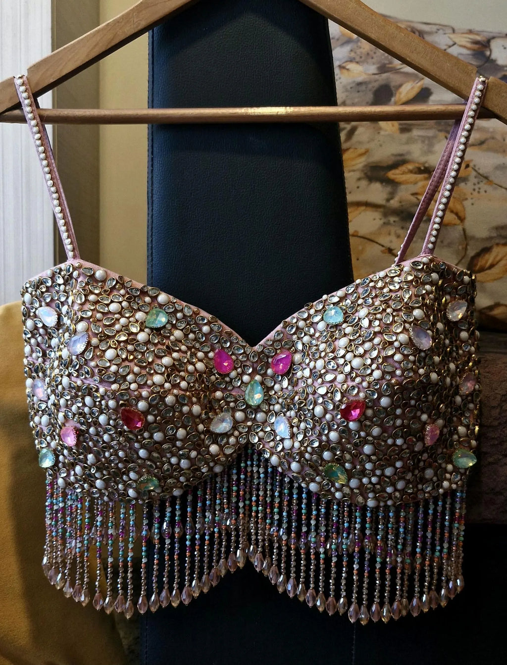 Hand Embroidered Dusty Pink Blouse, Beads & Kundan Embellishment, Bralette DVBL_481