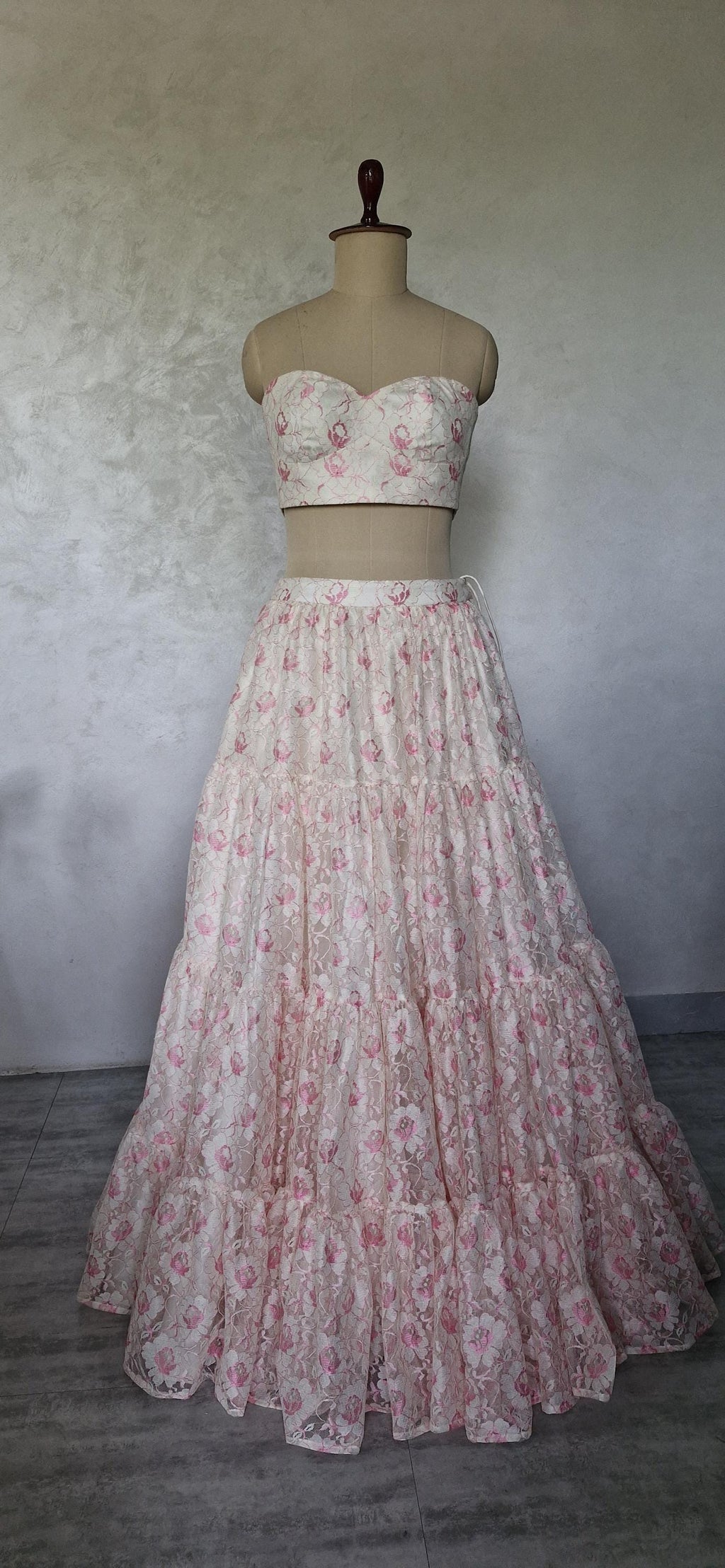 Offwhite Pink Lace Net Tiered Lehenga Skirt and Top DVMTD_0292