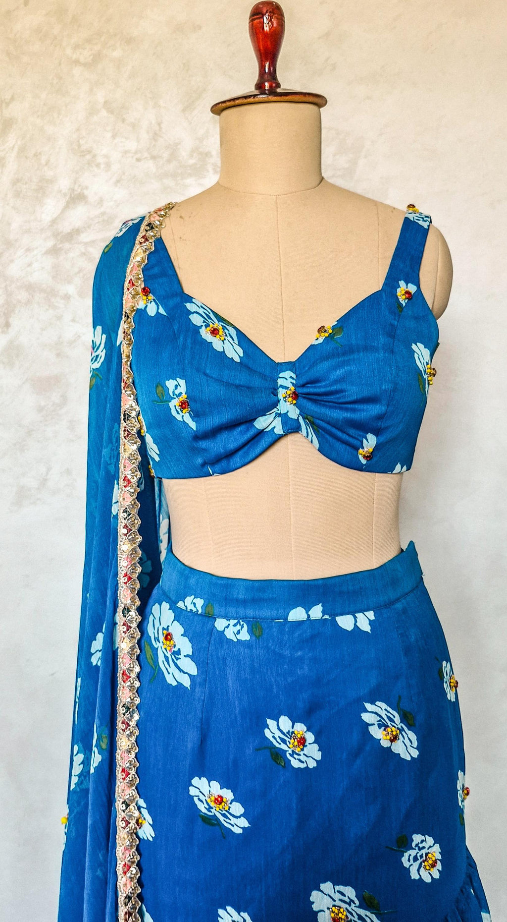 Blue Floral Print Chiffon Lehenga, Mermaid Layered Skirt, Beach Wedding DVMTD_0293
