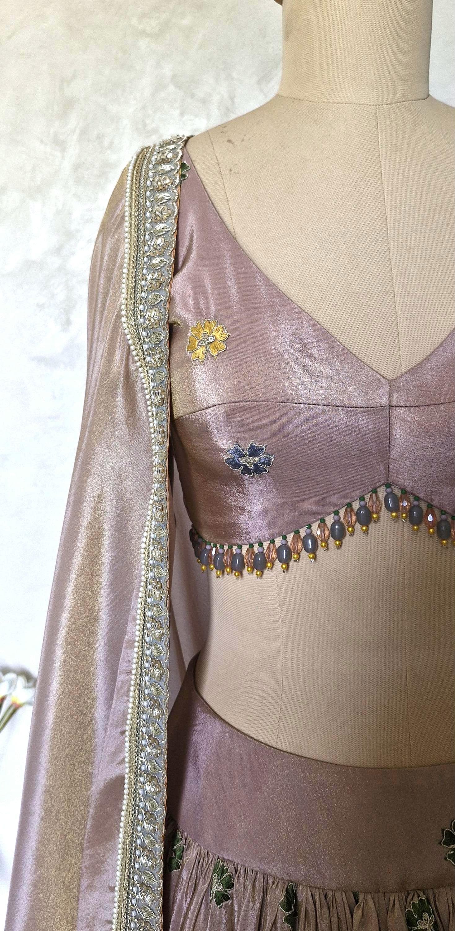 Dusty Pink Tissue Silk Lehenga Choli for Mehendi, Sangeet DVMTD_0290