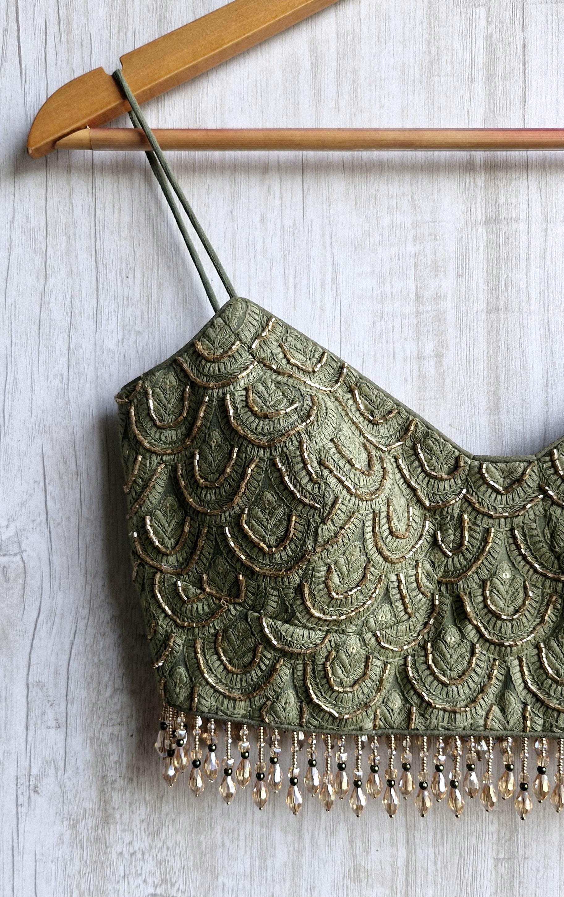 Hand Embroidered Olive Green Saree Blouse, Beaded Fringes, Spaghetti DVBL_483