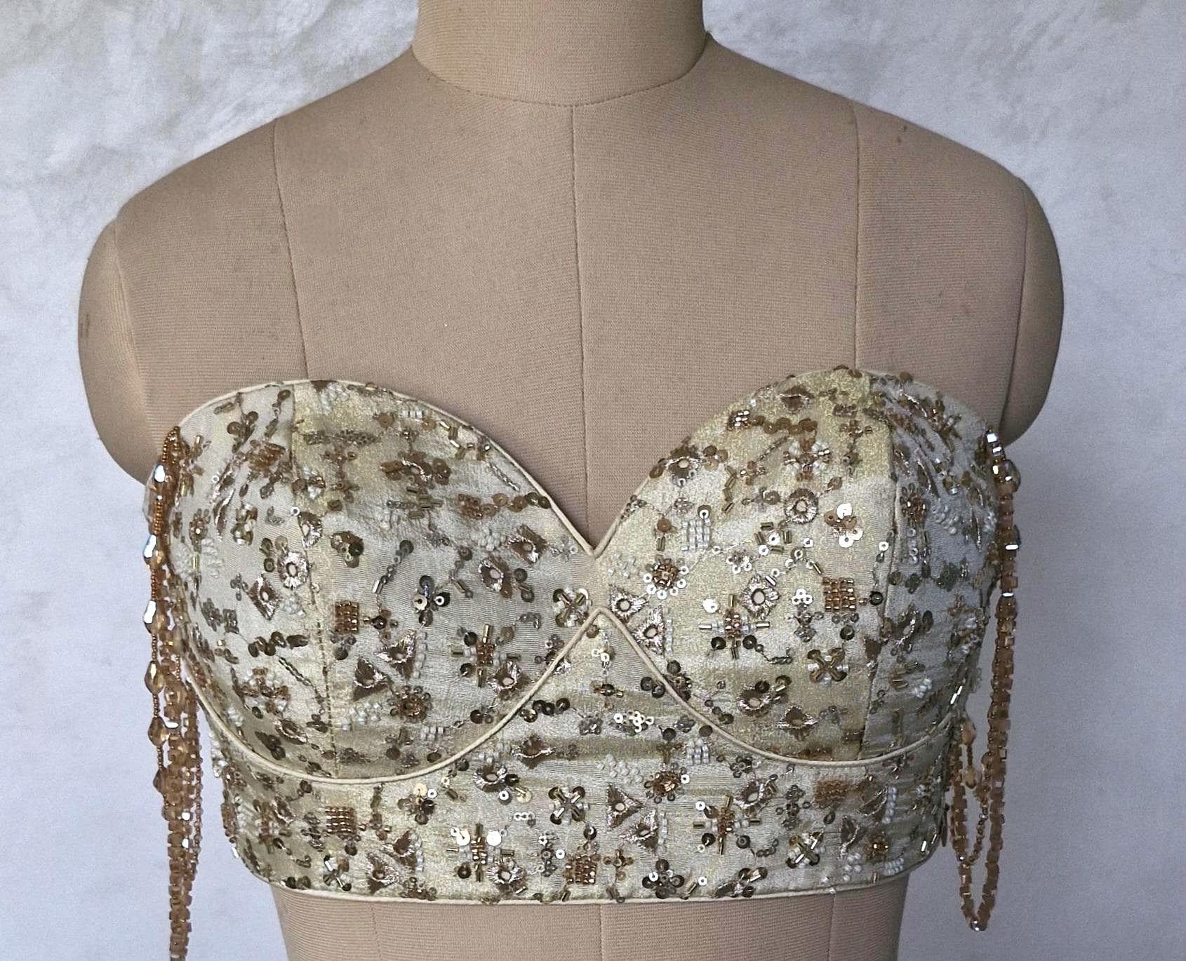 Champagne Gold Embroidered Tissue Silk Saree Blouse, Strapless DVBL_484