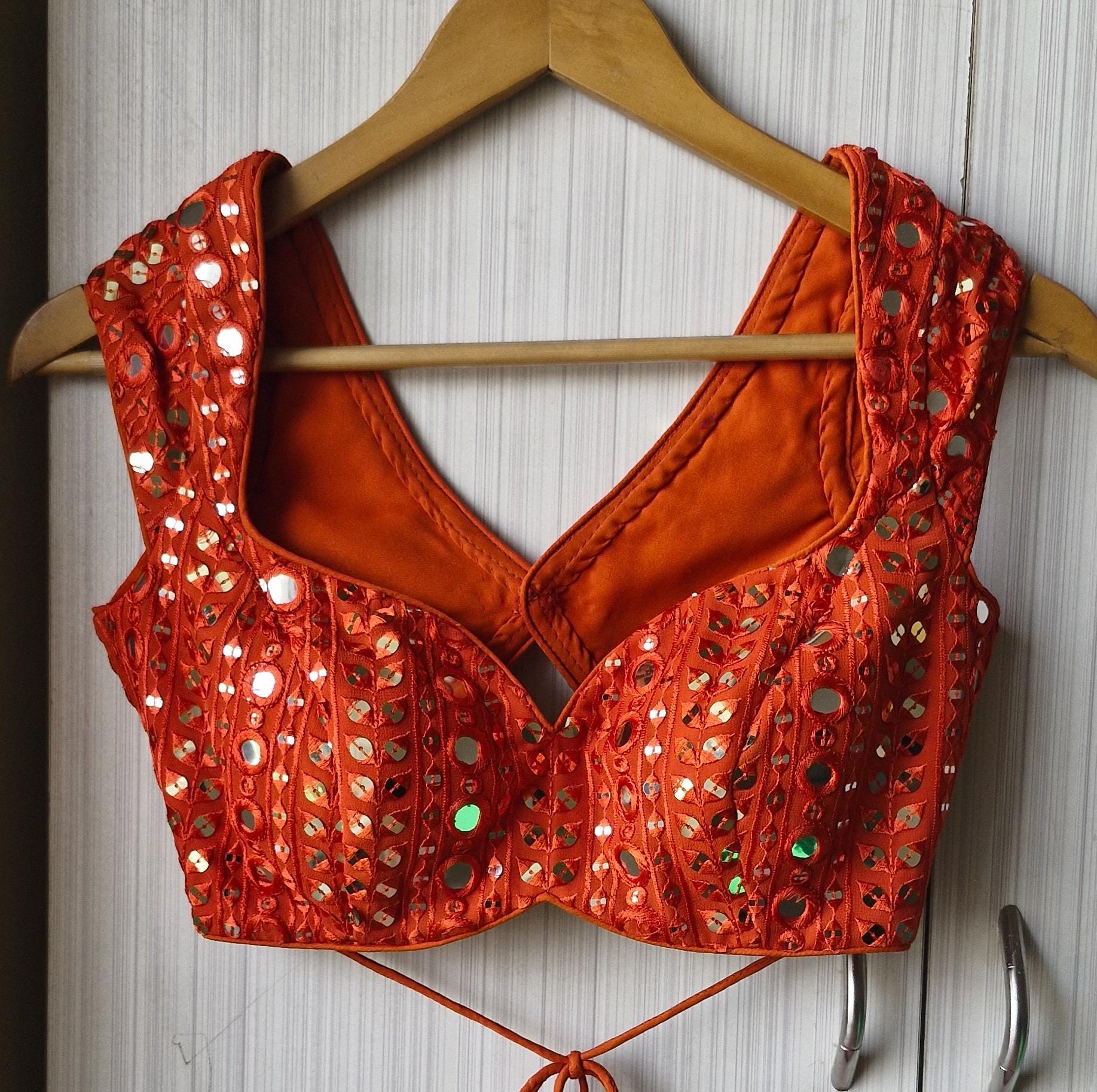 Burnt Orange Embroidered Georgette Saree Blouse, Cap Sleeves Sweetheart Neck DVBL_485