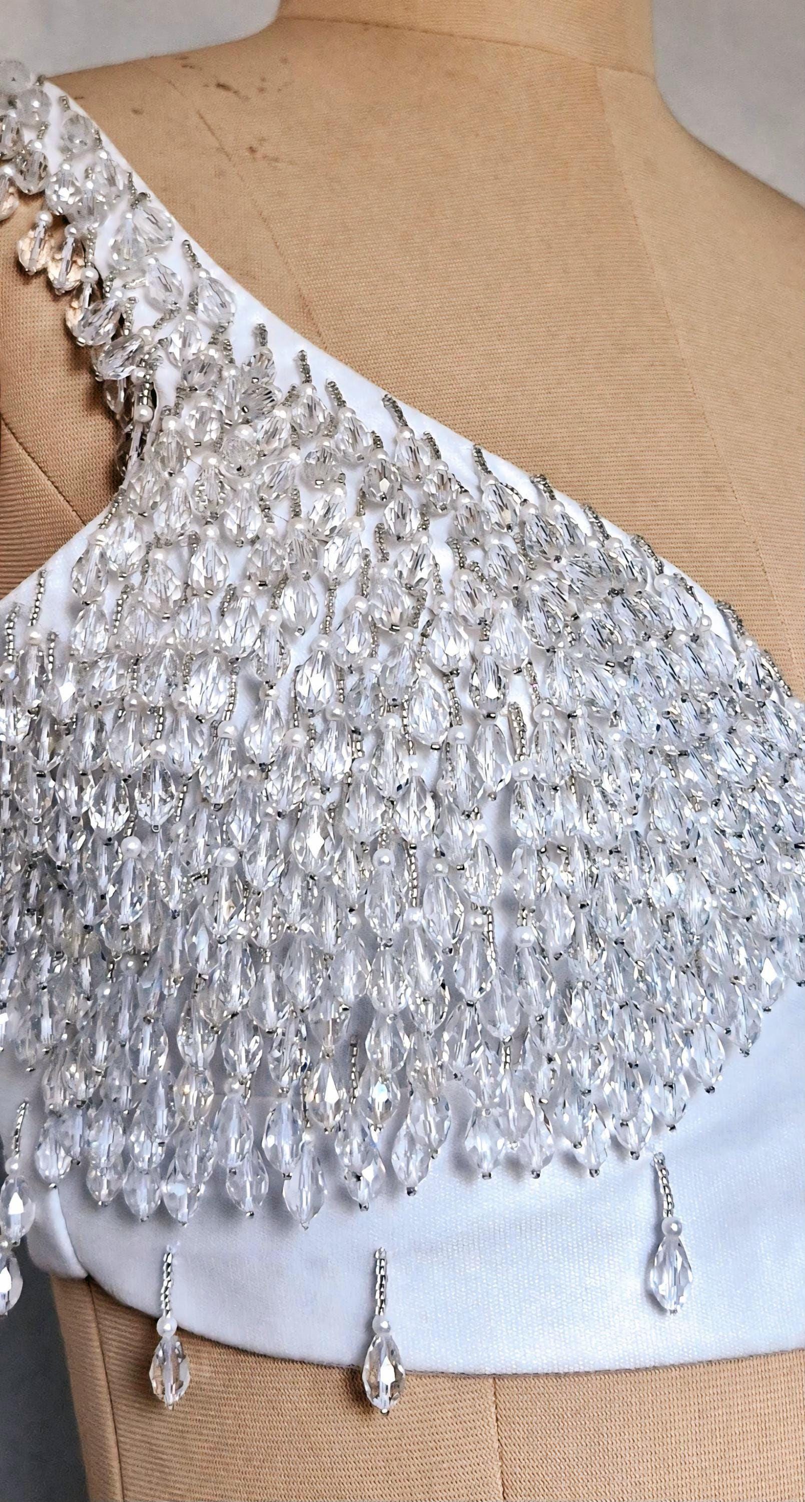 Hand Embroidered White Blouse, Hanging Beads Embellishment, Deep Sweetheart Neck DVBL_486