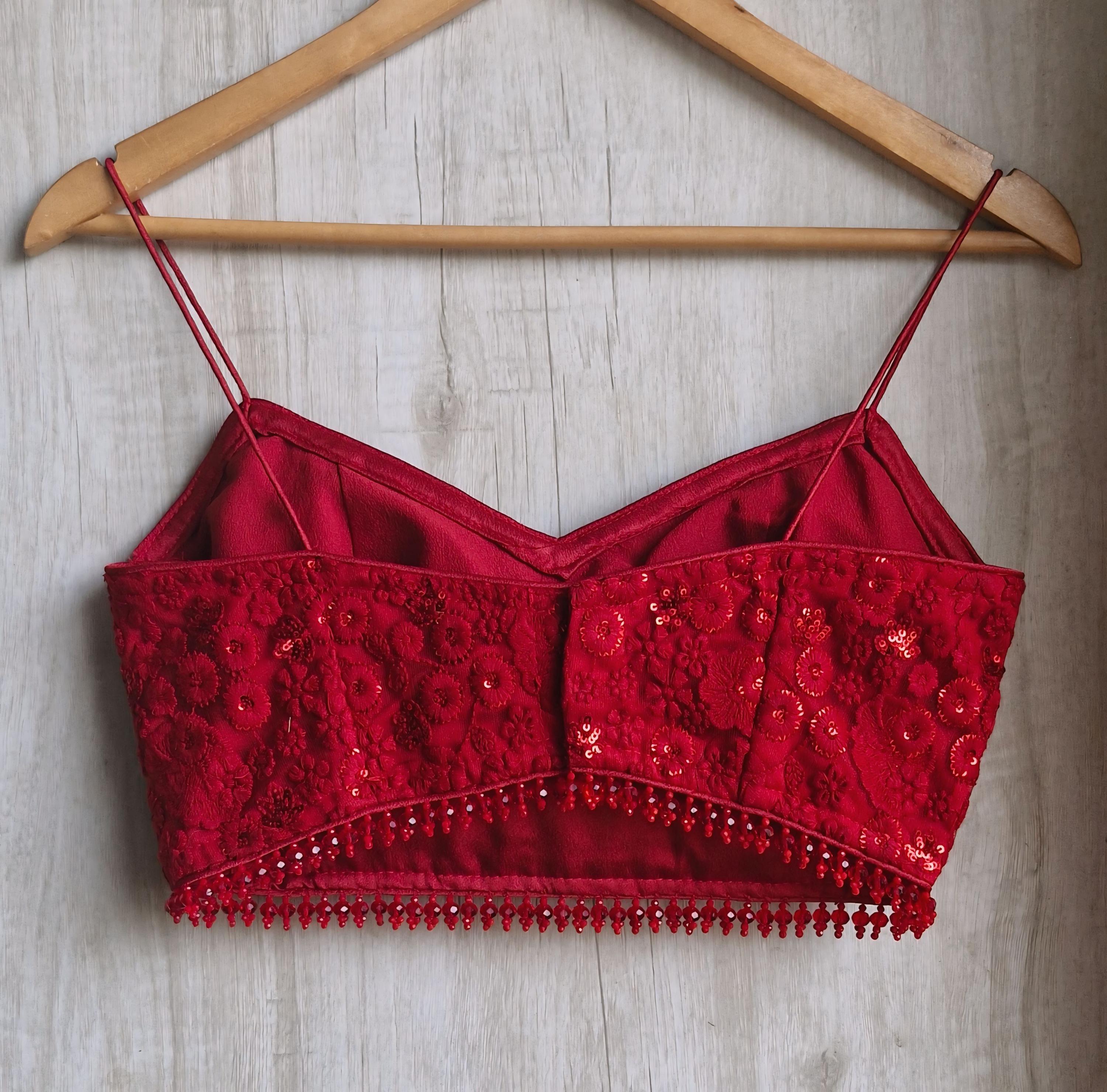 Deep Red Embroidered Net Spaghetti Saree Blouse DVBL_487