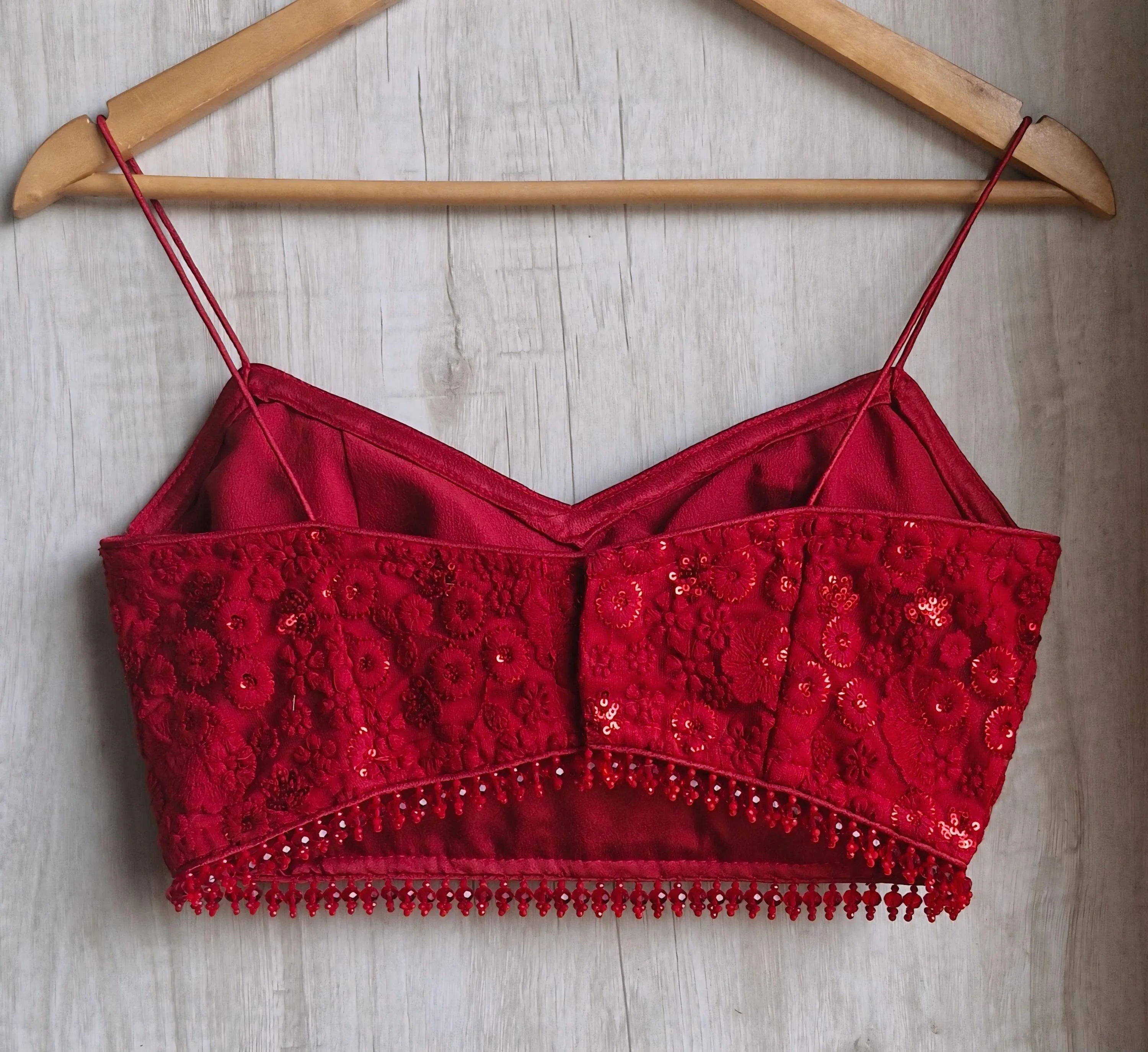 Deep Red Embroidered Net Spaghetti Saree Blouse DVBL_487