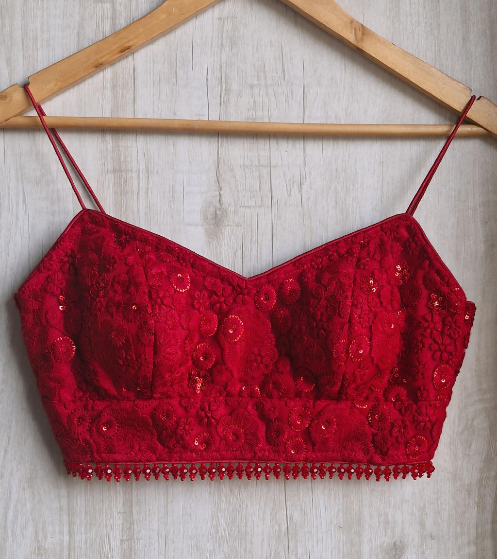 Deep Red Embroidered Net Spaghetti Saree Blouse DVBL_487