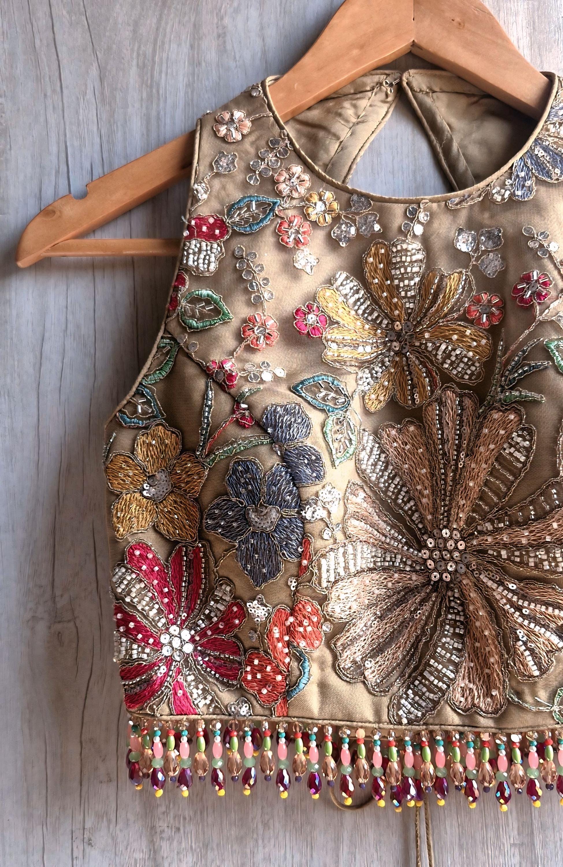 Earthy Taupe Embroidered Saree Blouse, Jewel Neck, Beads Fringes Bridal Lehenga Top DVBL_488