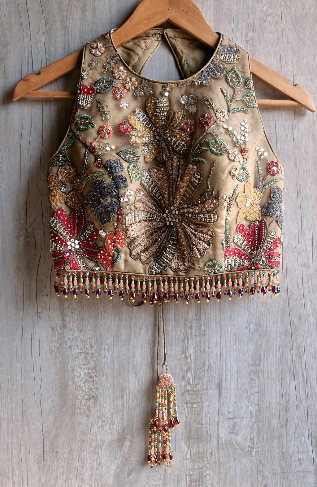 Earthy Taupe Embroidered Saree Blouse, Jewel Neck, Beads Fringes Bridal Lehenga Top DVBL_488