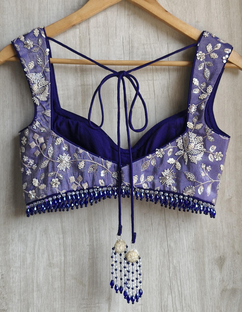 Blue Embroidered Tissue Silk Saree Blouse Deep Sweetheart Neck Bralette DVBL_489
