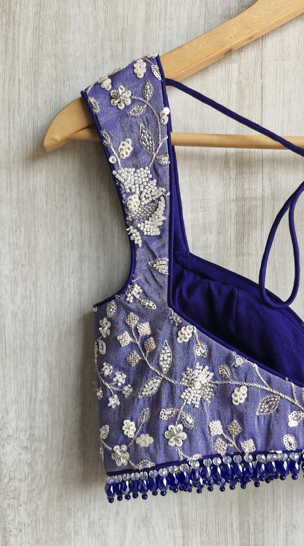 Blue Embroidered Tissue Silk Saree Blouse Deep Sweetheart Neck Bralette DVBL_489