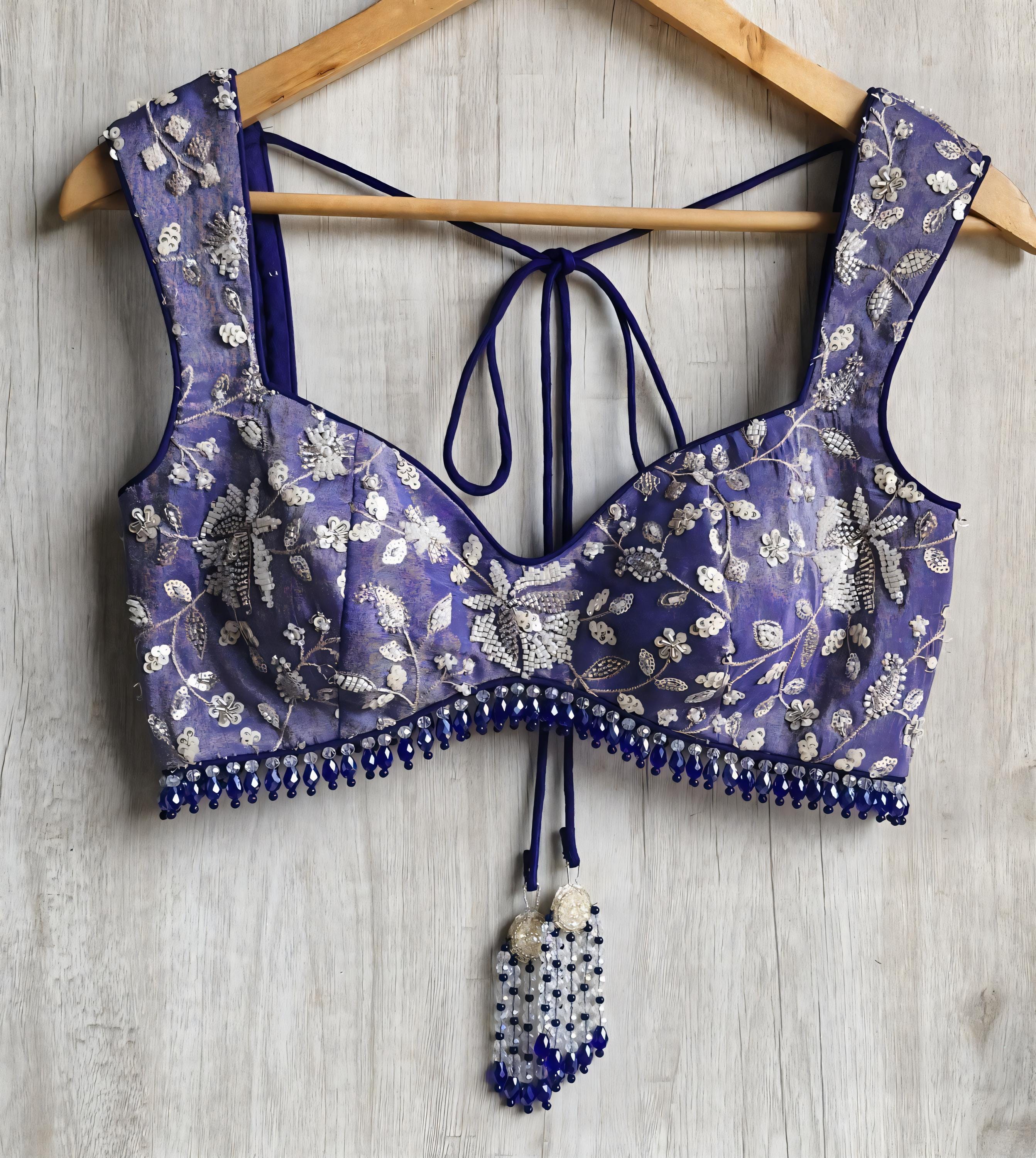Blue Embroidered Tissue Silk Saree Blouse Deep Sweetheart Neck Bralette DVBL_489