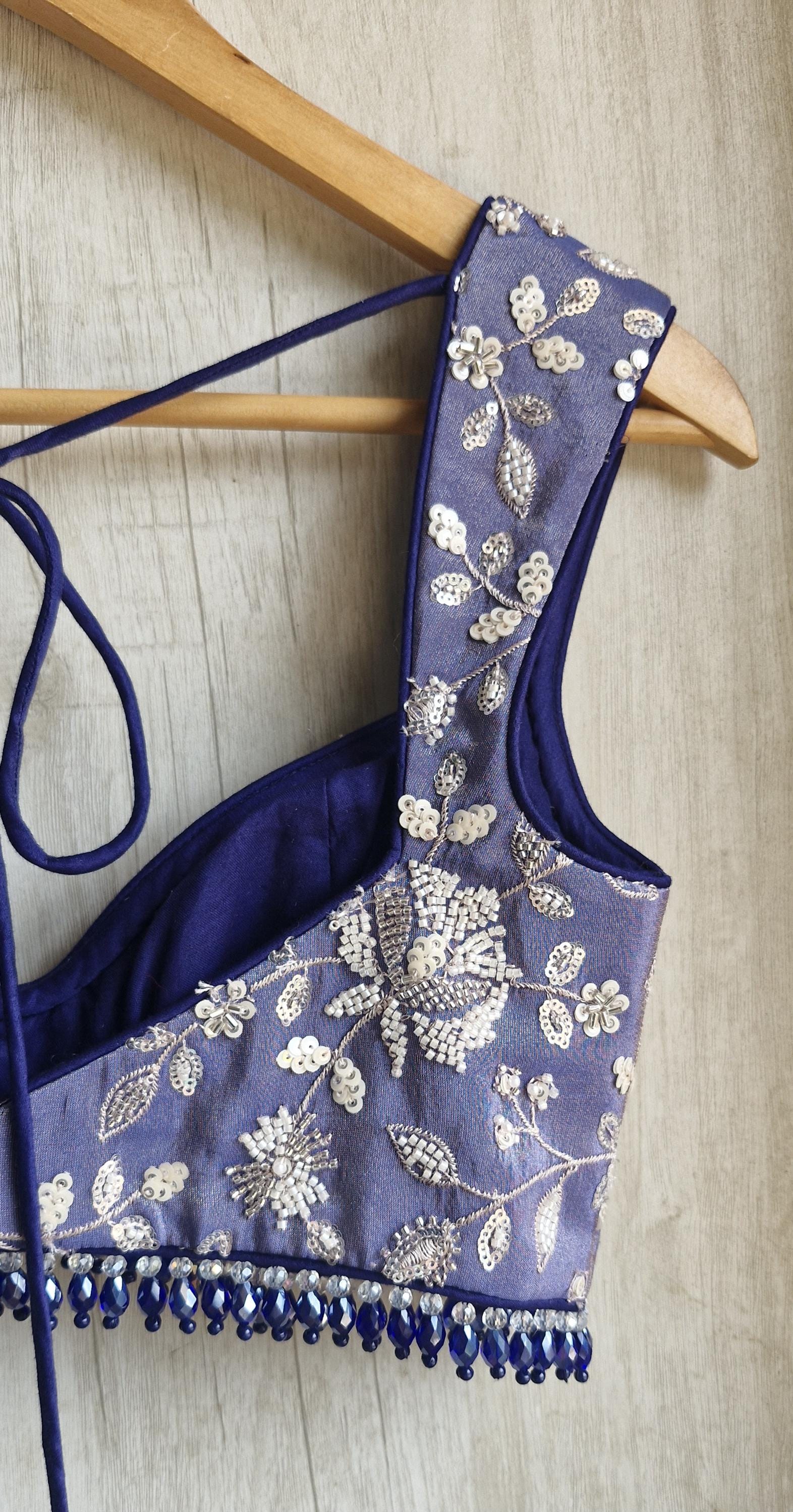 Blue Embroidered Tissue Silk Saree Blouse Deep Sweetheart Neck Bralette DVBL_489