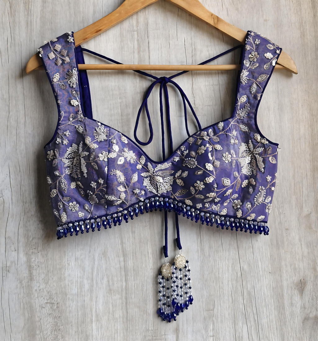 Blue Embroidered Tissue Silk Saree Blouse Deep Sweetheart Neck Bralette DVBL_489