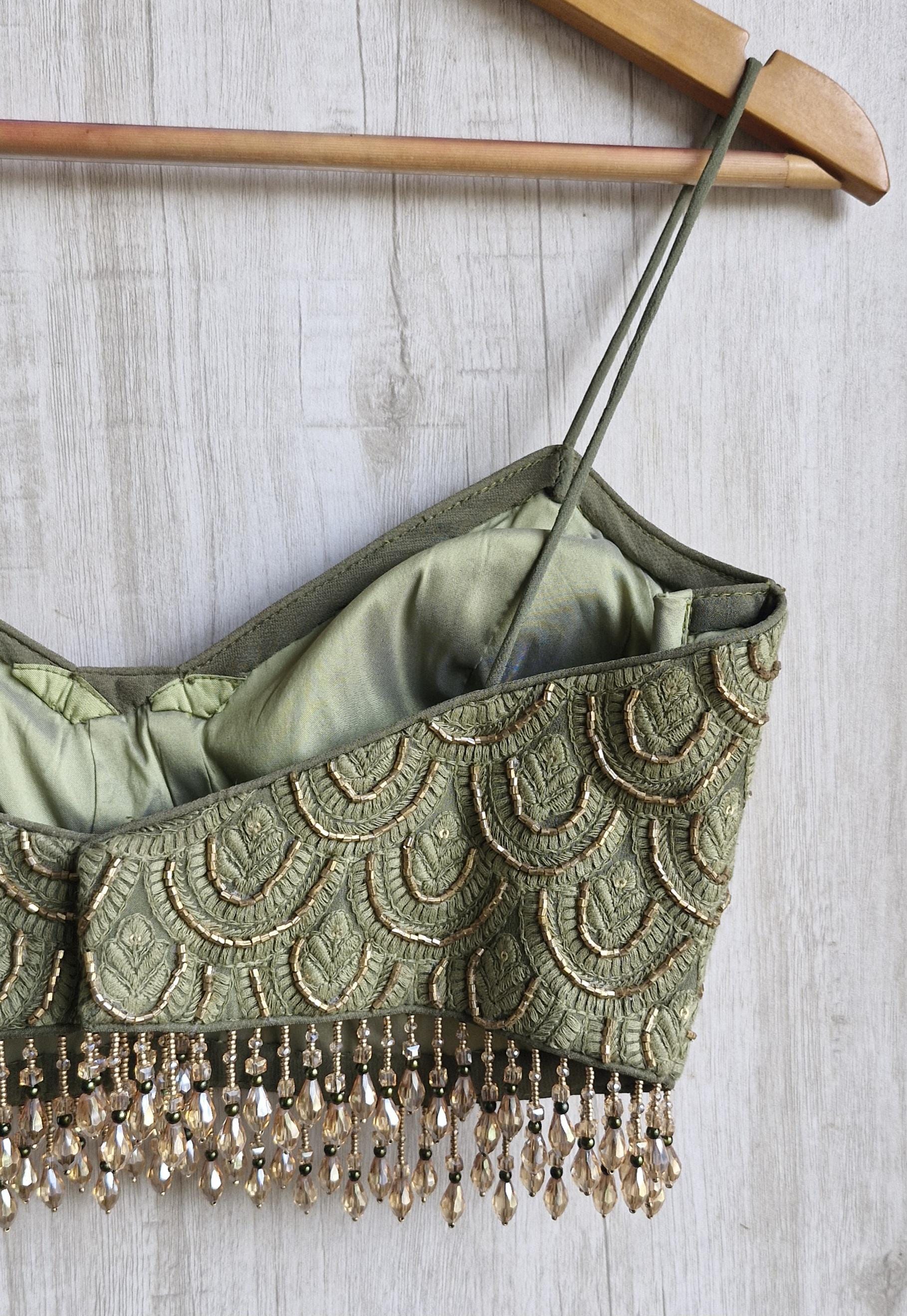 Hand Embroidered Olive Green Saree Blouse, Beaded Fringes, Spaghetti DVBL_483