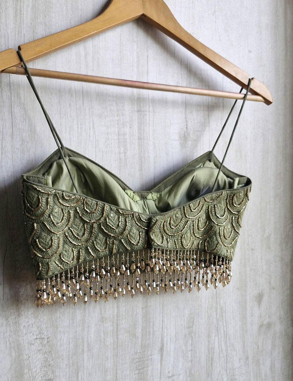 Hand Embroidered Olive Green Saree Blouse, Beaded Fringes, Spaghetti DVBL_483