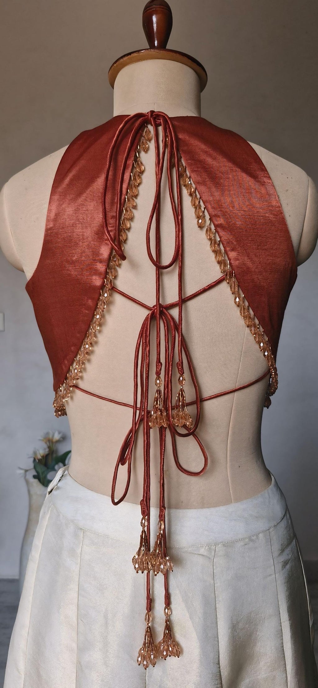 Dark Rust Gajji Silk Saree Blouse, Jewel Neck, Backless DVBL_491