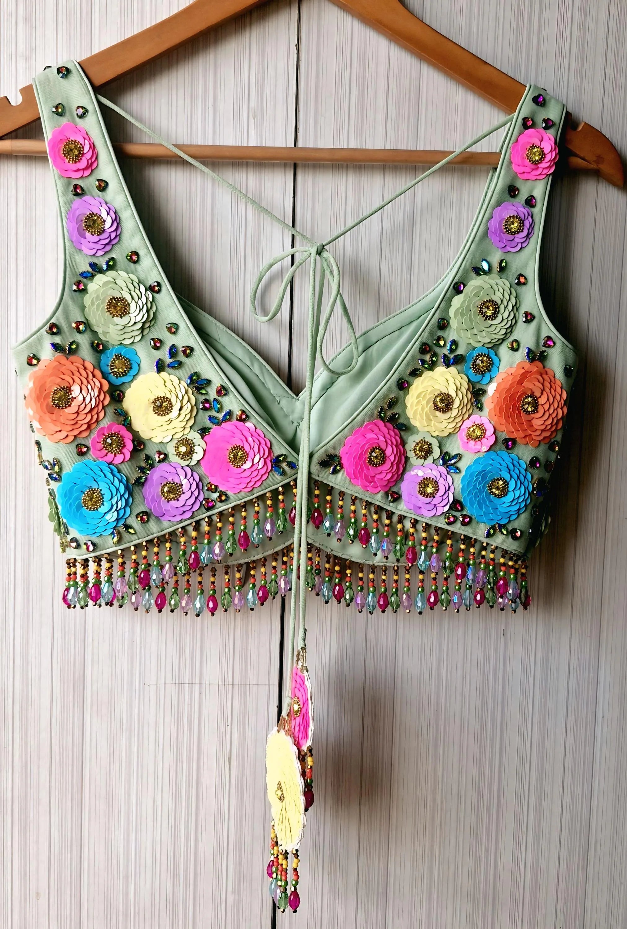 Hand Embroidered Mint Green Blouse, Multicolor Floral, Deep Sweetheart Neck DVBL_492