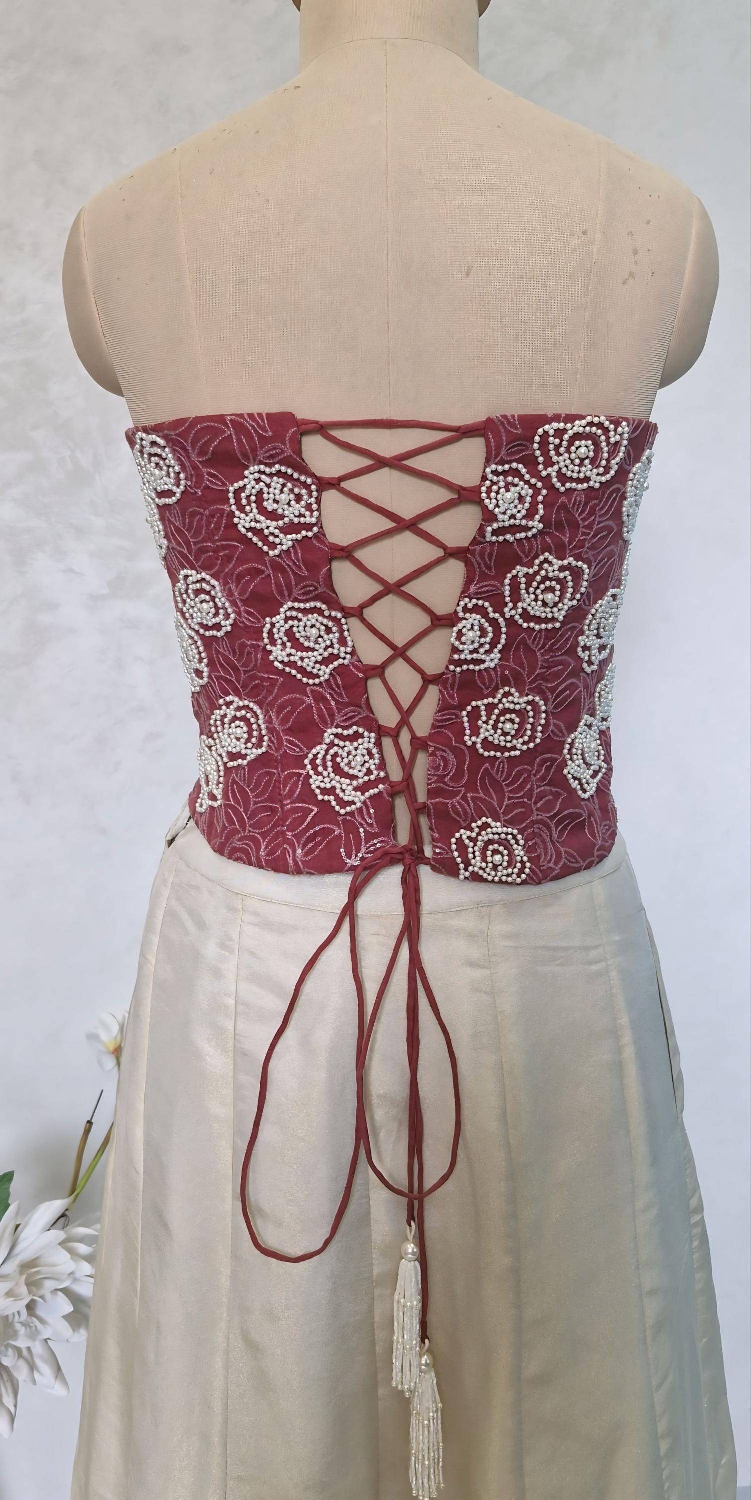 Dusty Rose Hand Embroidered Organza Corset Blouse Strapless DVCB_016