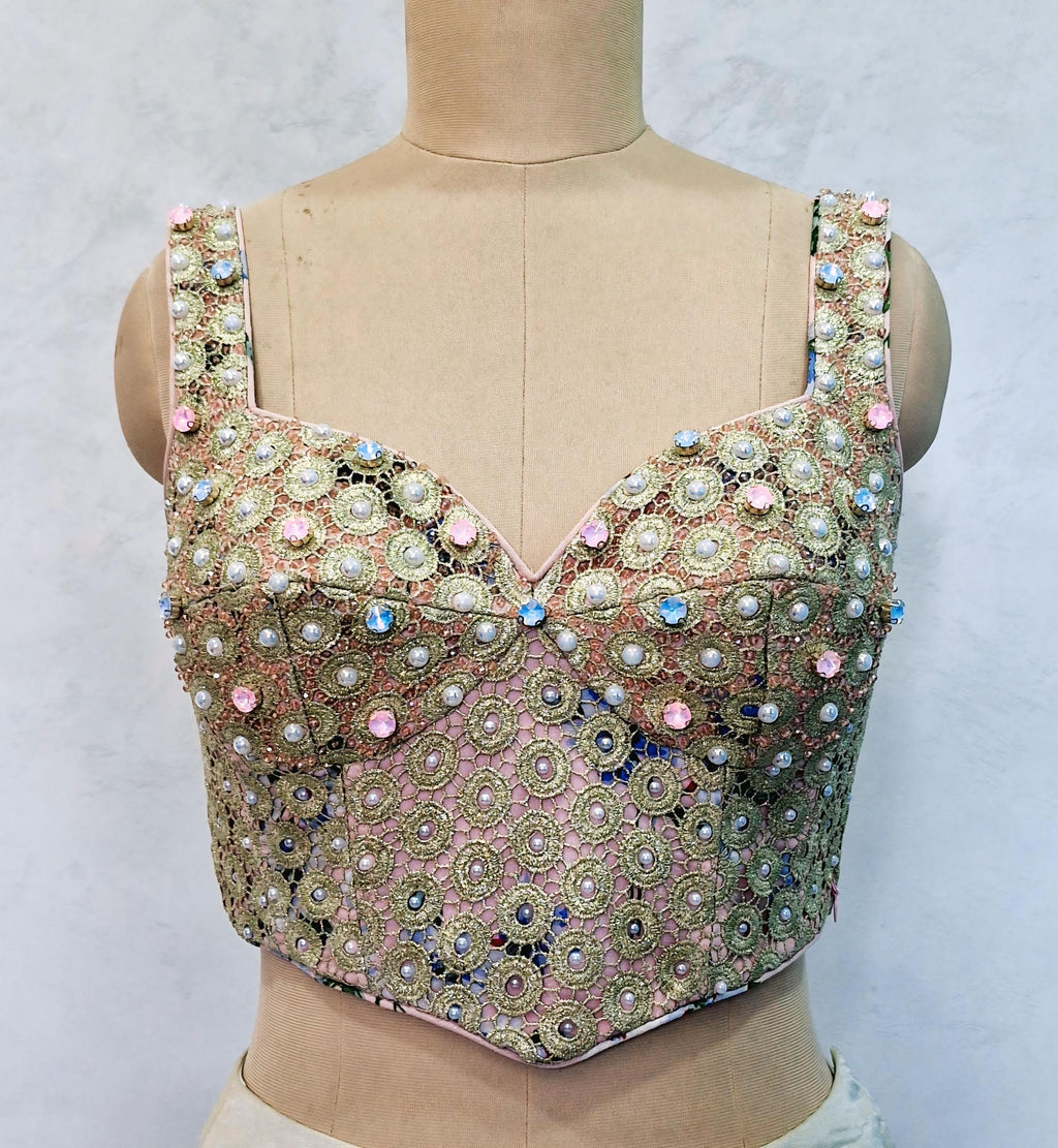 Peach Gold Hand Embroidered Georgette Corset Blouse Sleeveless DVCB_015