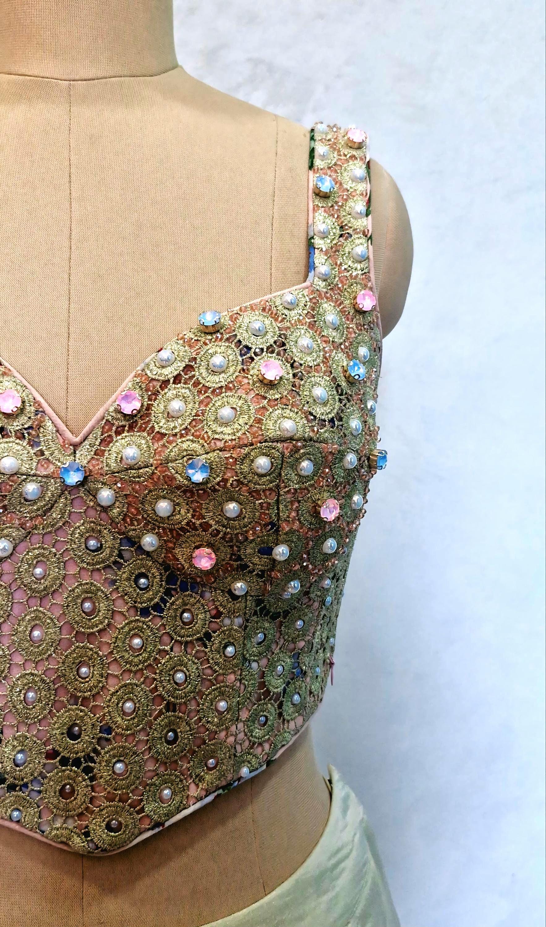 Peach Gold Hand Embroidered Georgette Corset Blouse Sleeveless DVCB_015