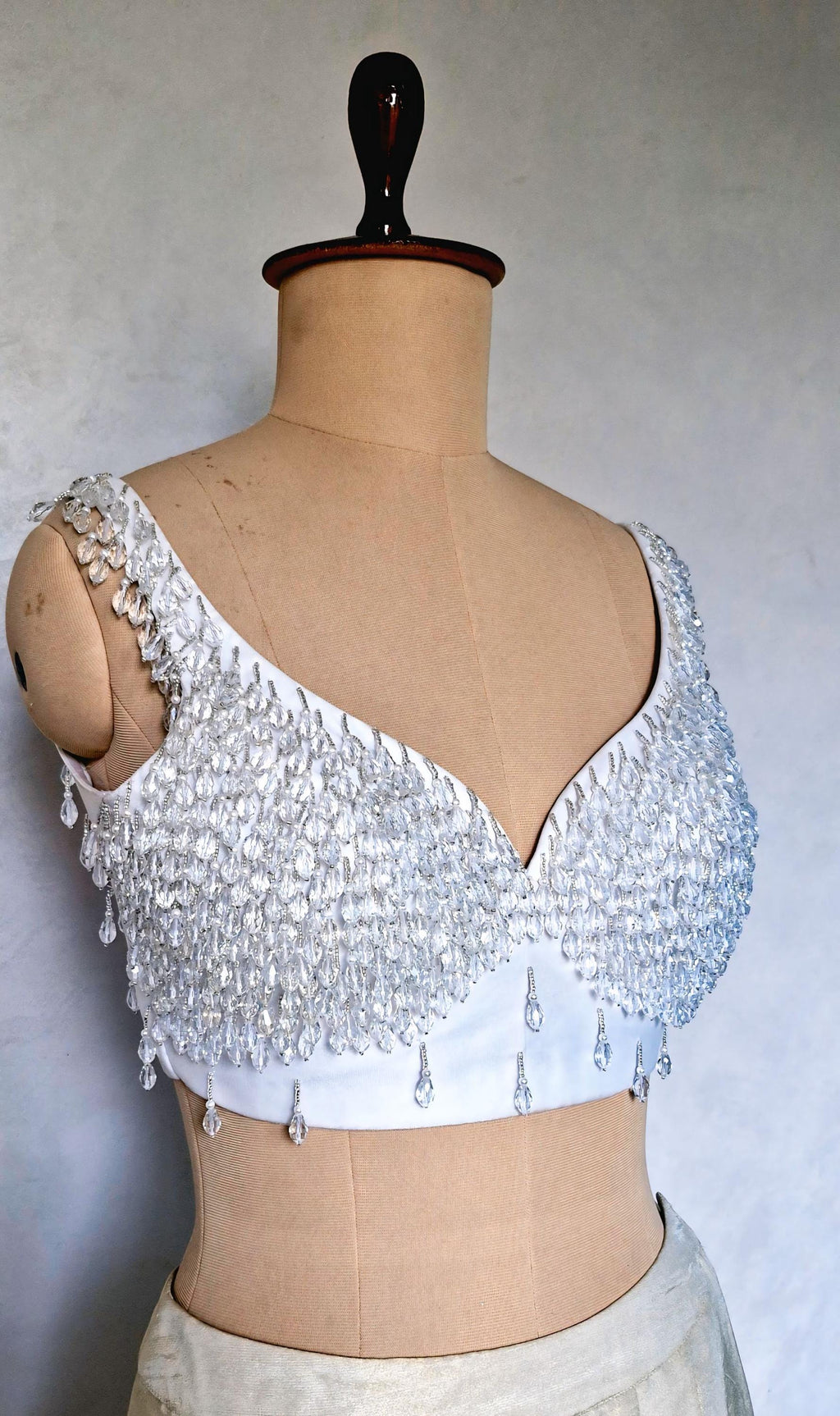 Hand Embroidered White Blouse, Hanging Beads Embellishment, Deep Sweetheart Neck DVBL_486