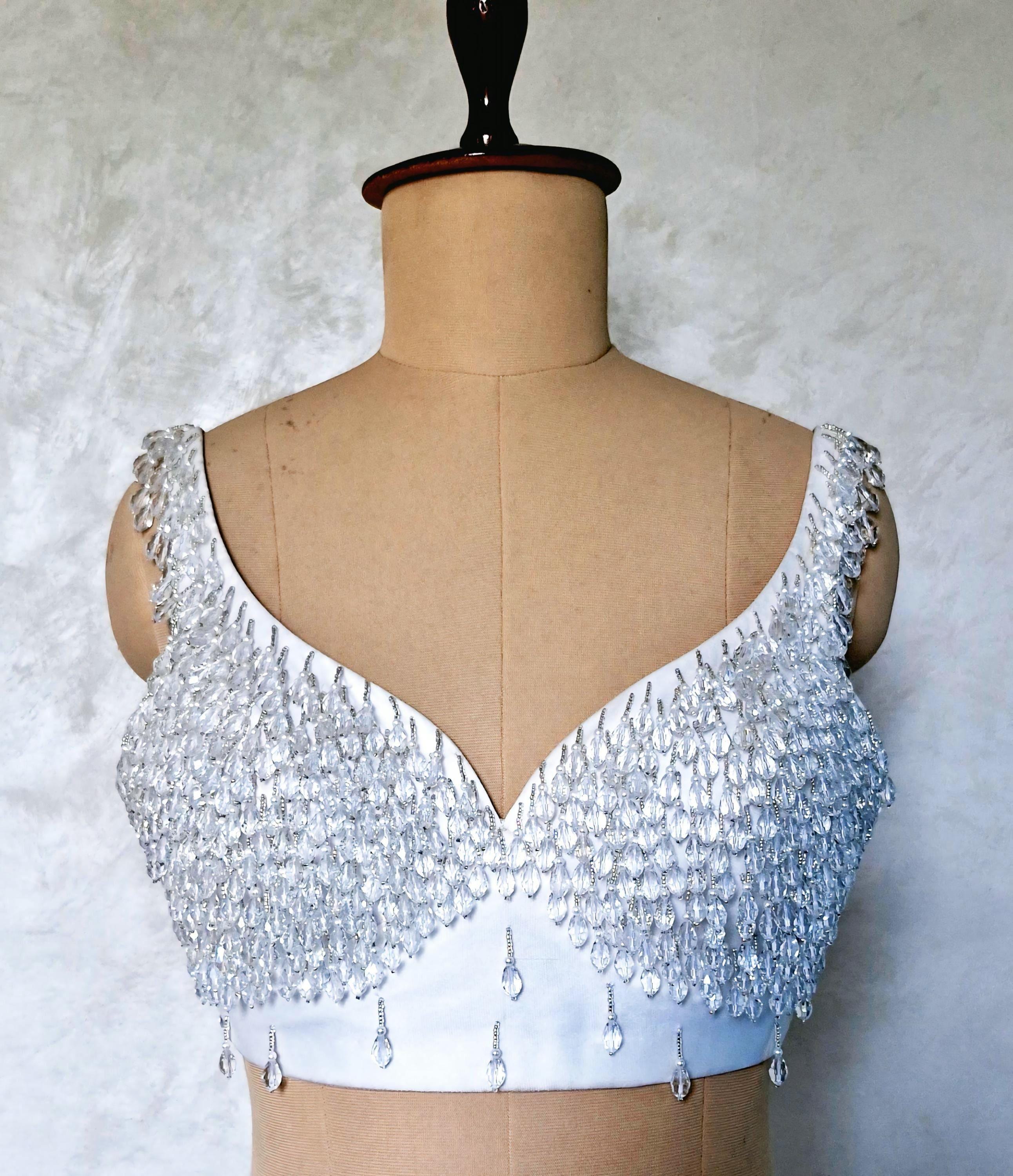 Hand Embroidered White Blouse, Hanging Beads Embellishment, Deep Sweetheart Neck DVBL_486