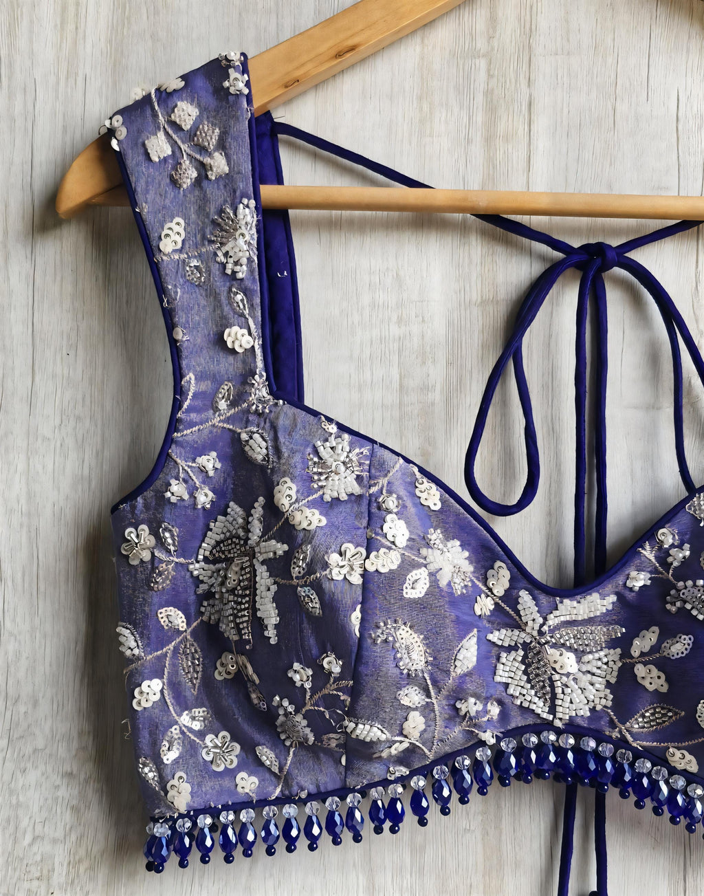 Blue Embroidered Tissue Silk Saree Blouse Deep Sweetheart Neck Bralette DVBL_489