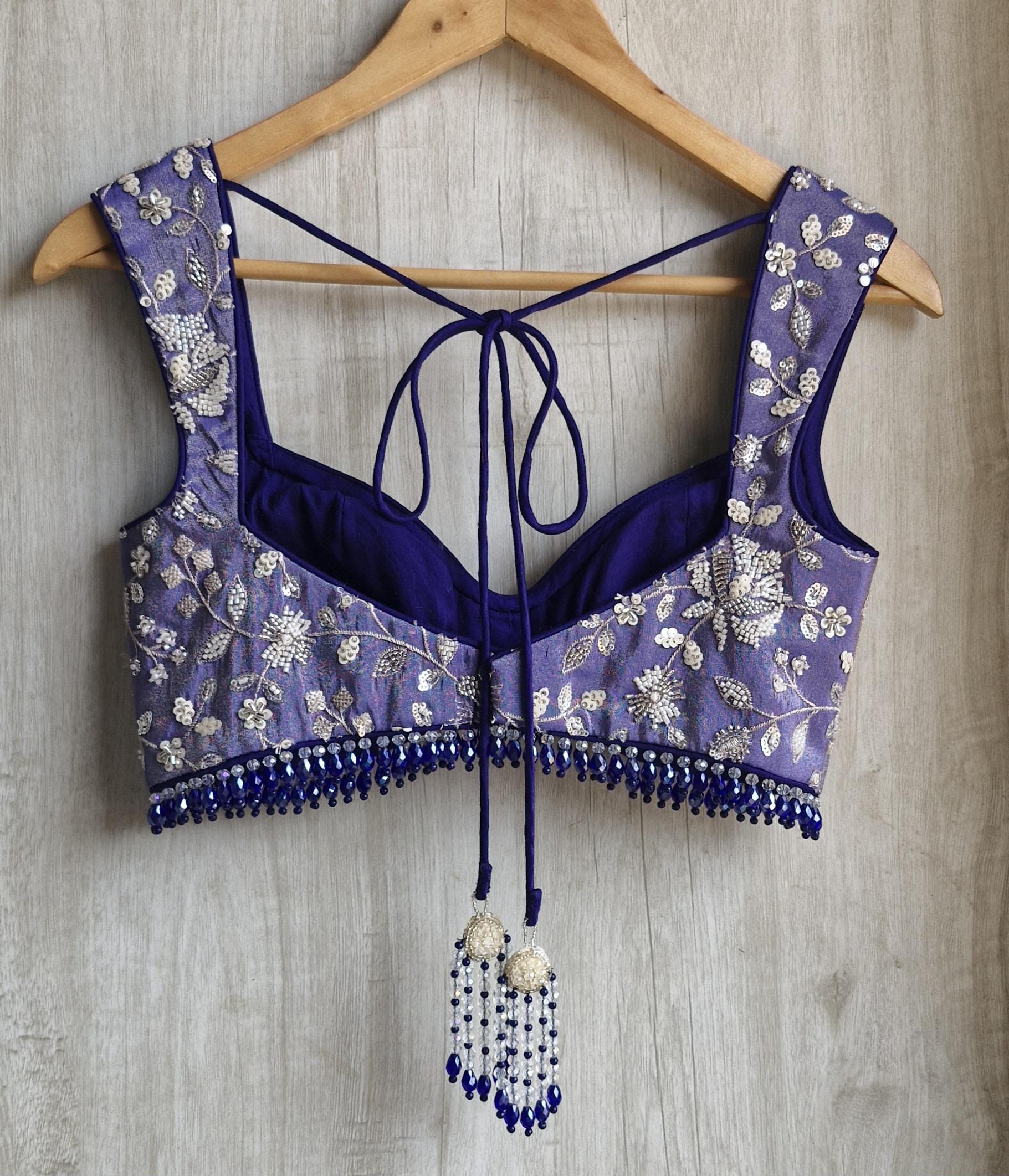 Blue Embroidered Tissue Silk Saree Blouse Deep Sweetheart Neck Bralette DVBL_489