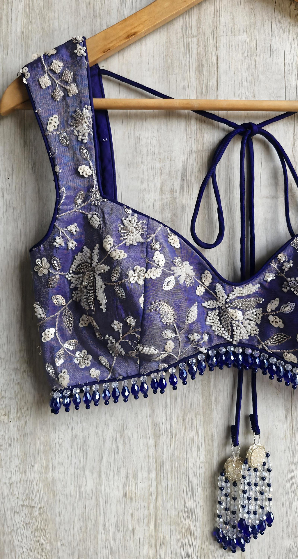 Blue Embroidered Tissue Silk Saree Blouse Deep Sweetheart Neck Bralette DVBL_489