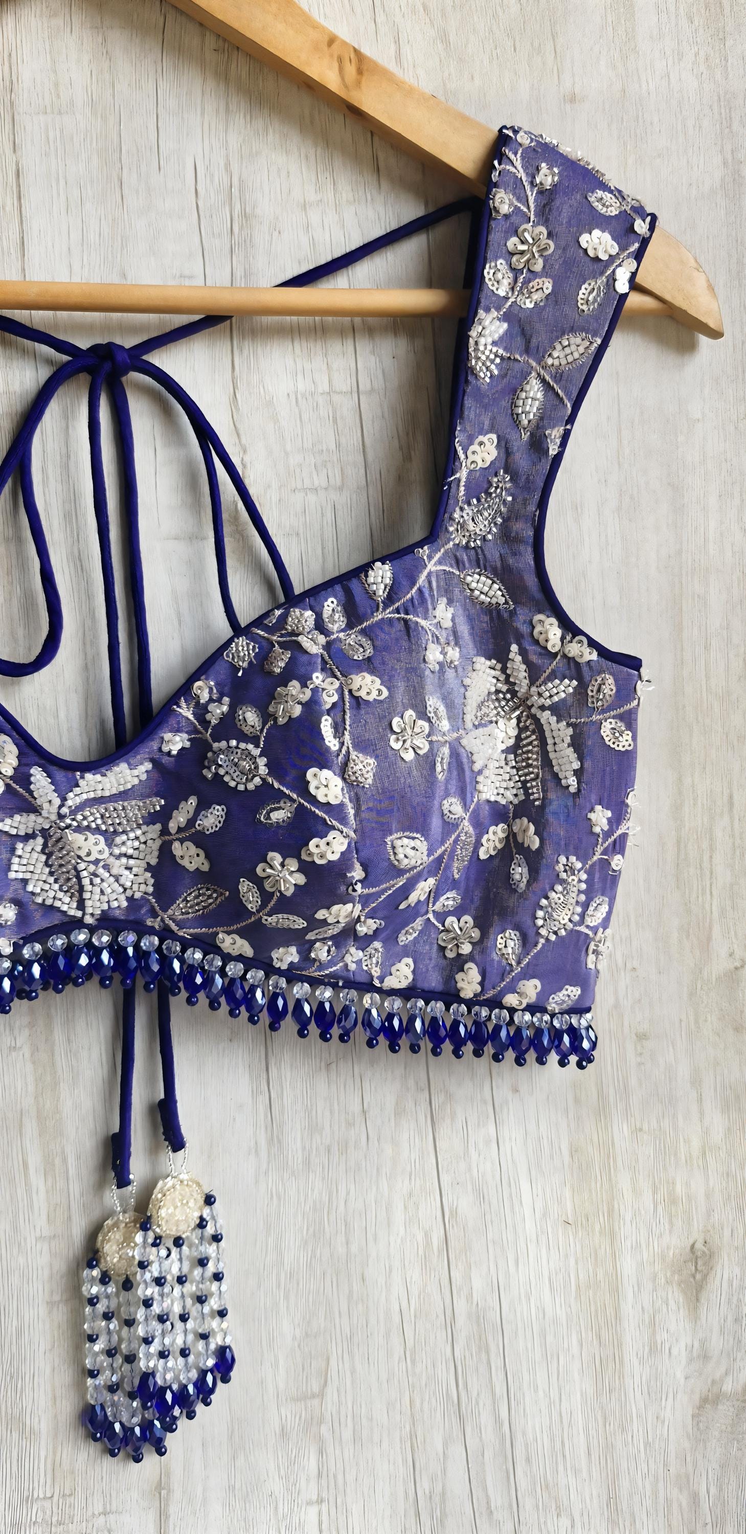 Blue Embroidered Tissue Silk Saree Blouse Deep Sweetheart Neck Bralette DVBL_489