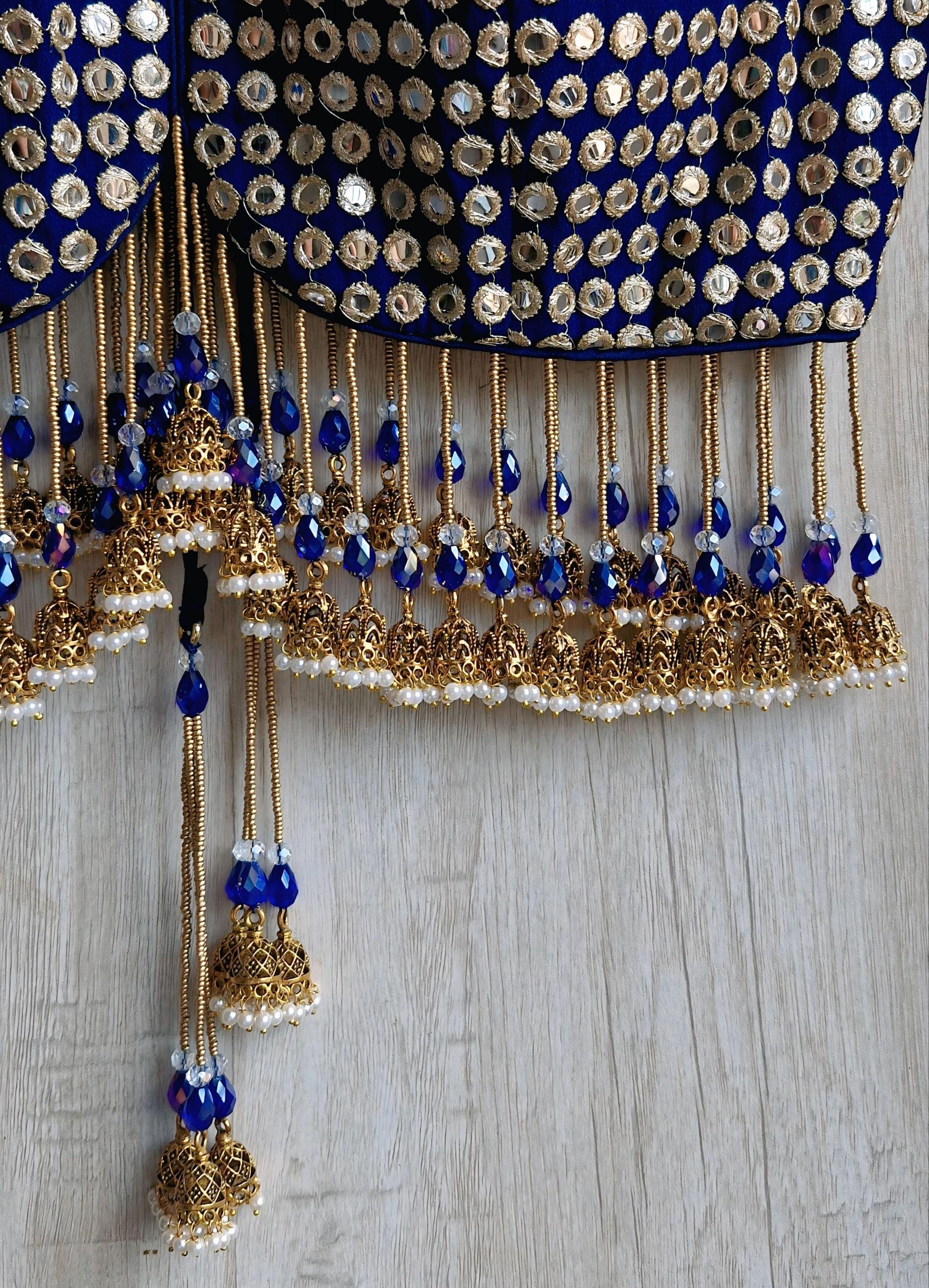 Deep Blue Embroidered Georgette Saree Blouse, Deep V Neck, Jhumka Fringes DVBL_490