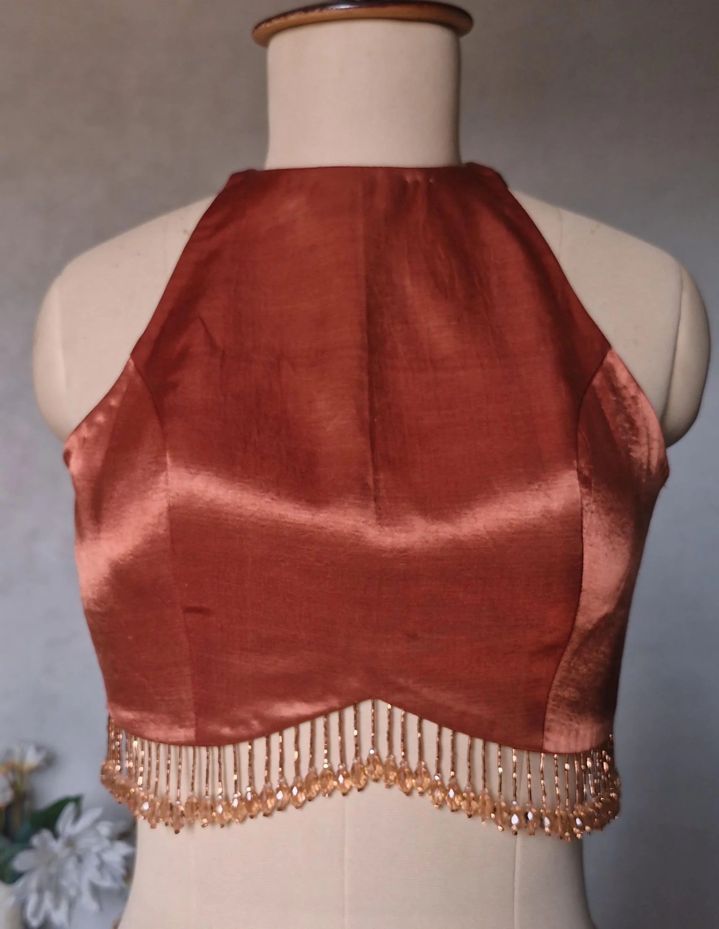 Dark Rust Gajji Silk Saree Blouse, Jewel Neck, Backless DVBL_491