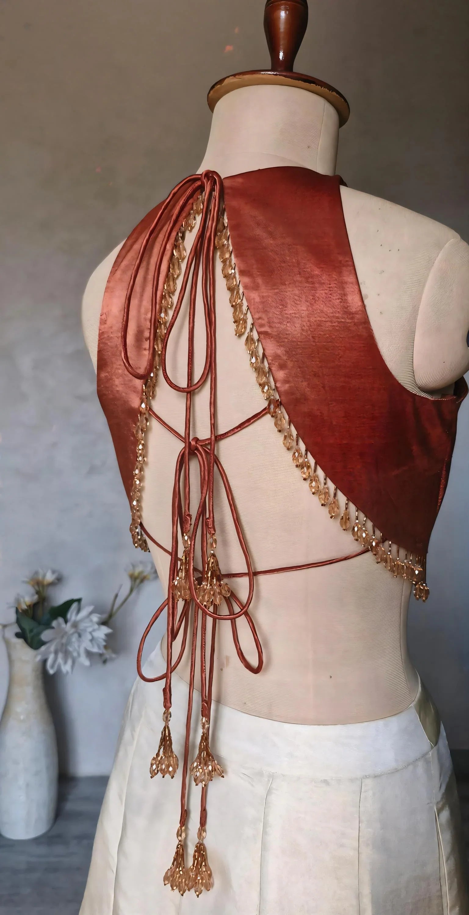 Dark Rust Gajji Silk Saree Blouse, Jewel Neck, Backless DVBL_491