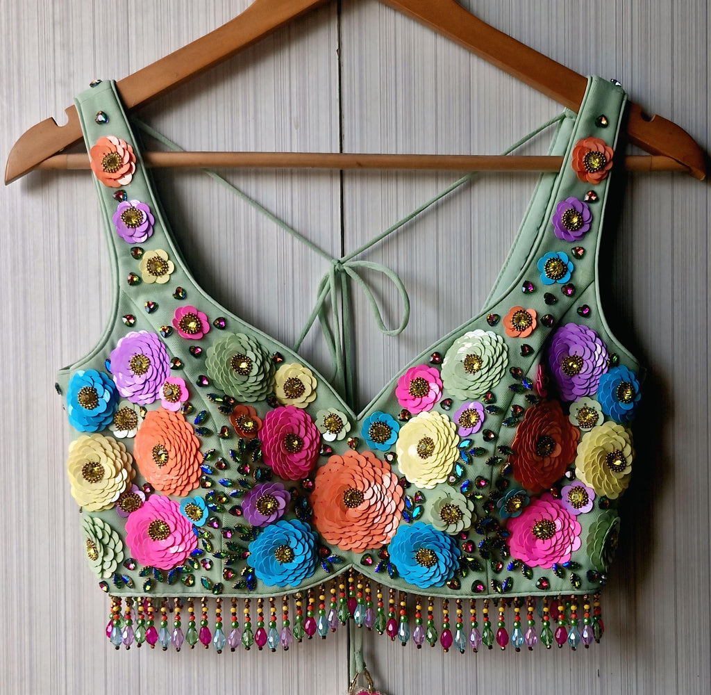 Hand Embroidered Mint Green Blouse, Multicolor Floral, Deep Sweetheart Neck DVBL_492