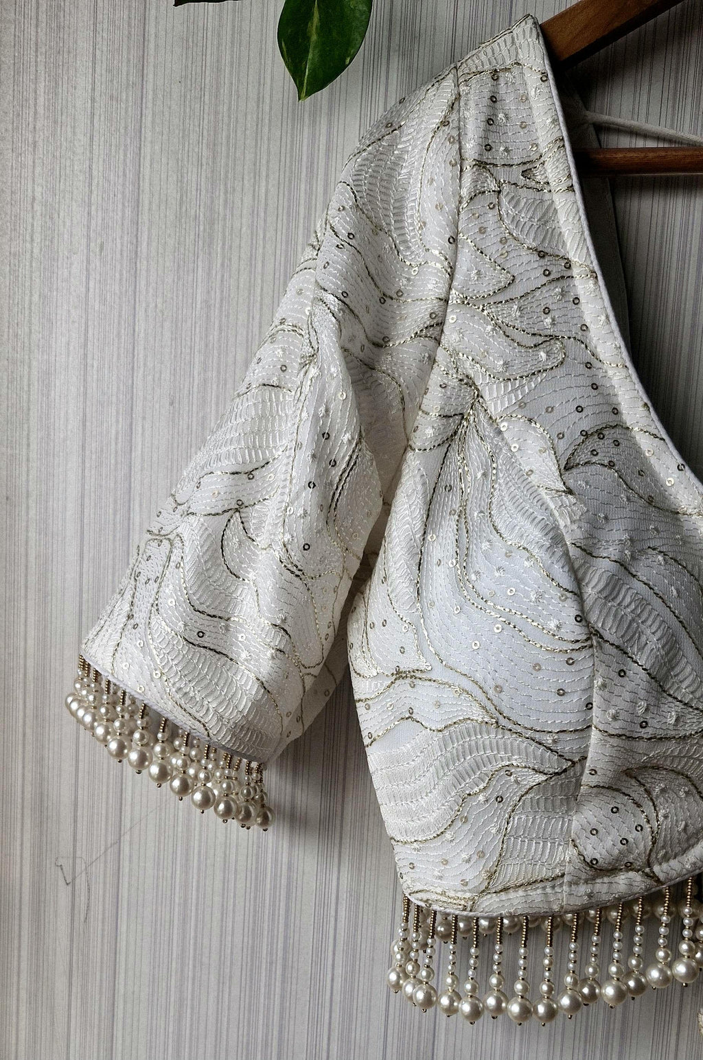 Ivory Embroidered Georgette Saree Blouse, Pearls Fringes, Elbow Sleeves DVBL_498