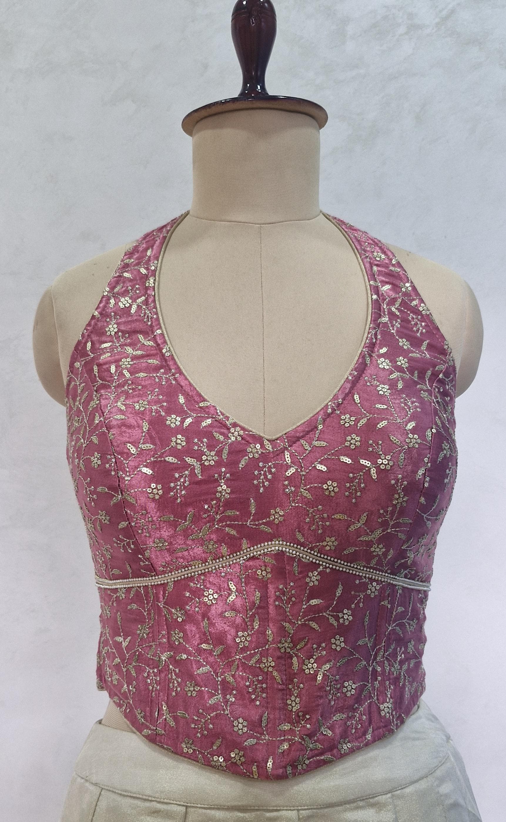 Mauve Rose Pink Embroidered Silk Corset Blouse - Halter Neck DVCB_017