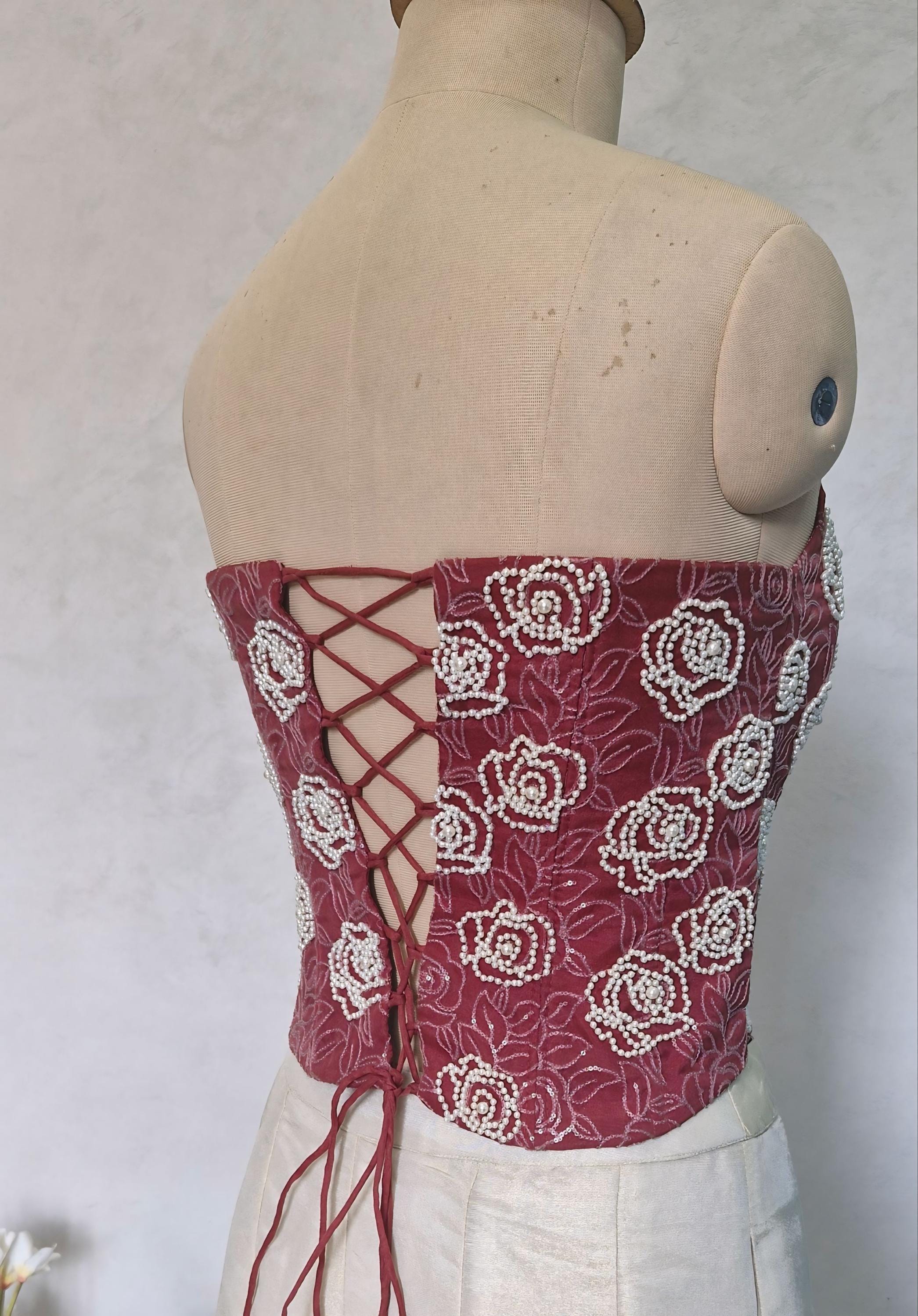 Dusty Rose Hand Embroidered Organza Corset Blouse Strapless DVCB_016
