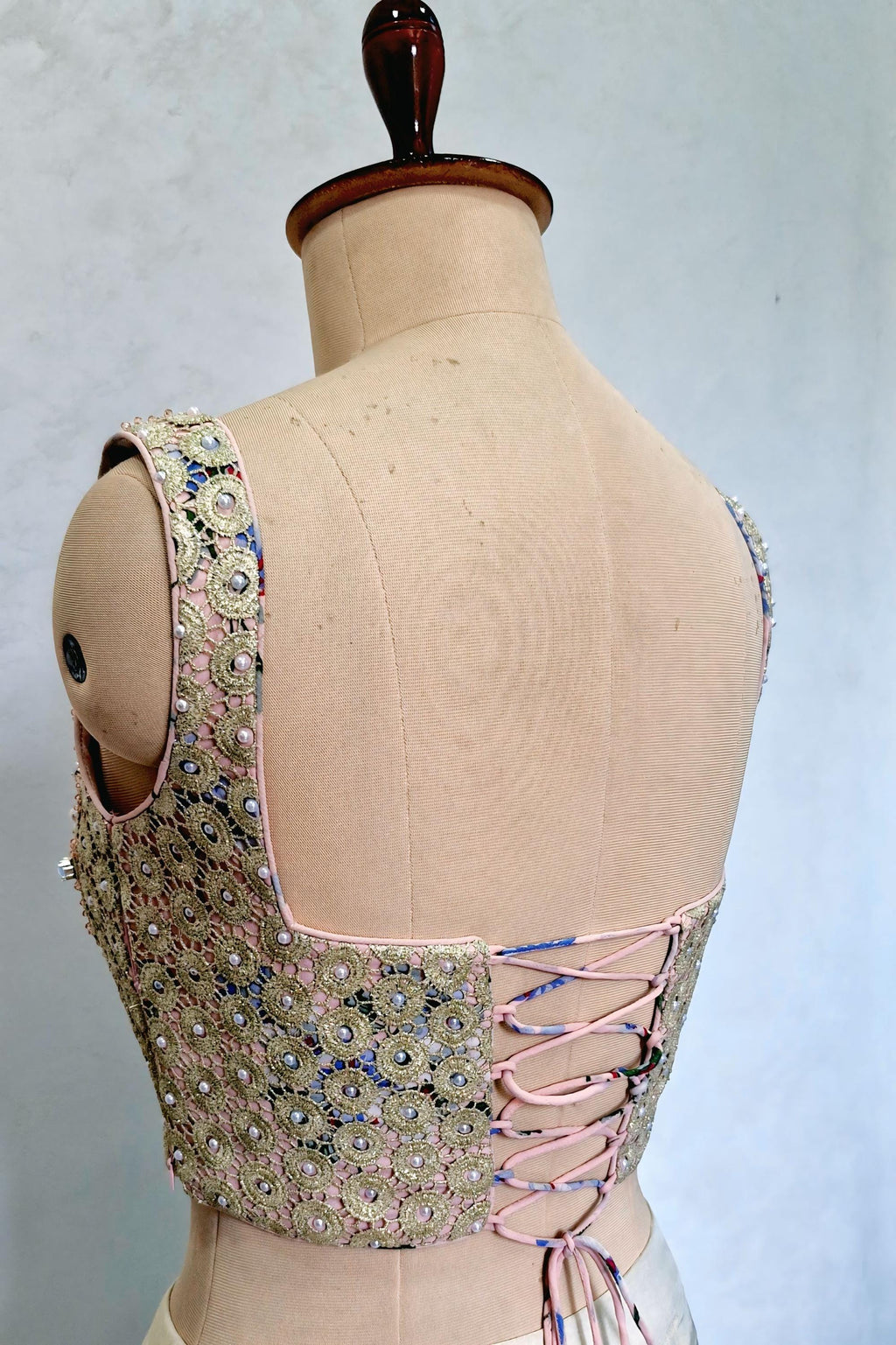 Peach Gold Hand Embroidered Georgette Corset Blouse Sleeveless DVCB_015